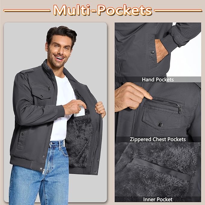 KEFITEVD Men's Winter Fleece Cargo Jacket | Thick Military Bomber Coat