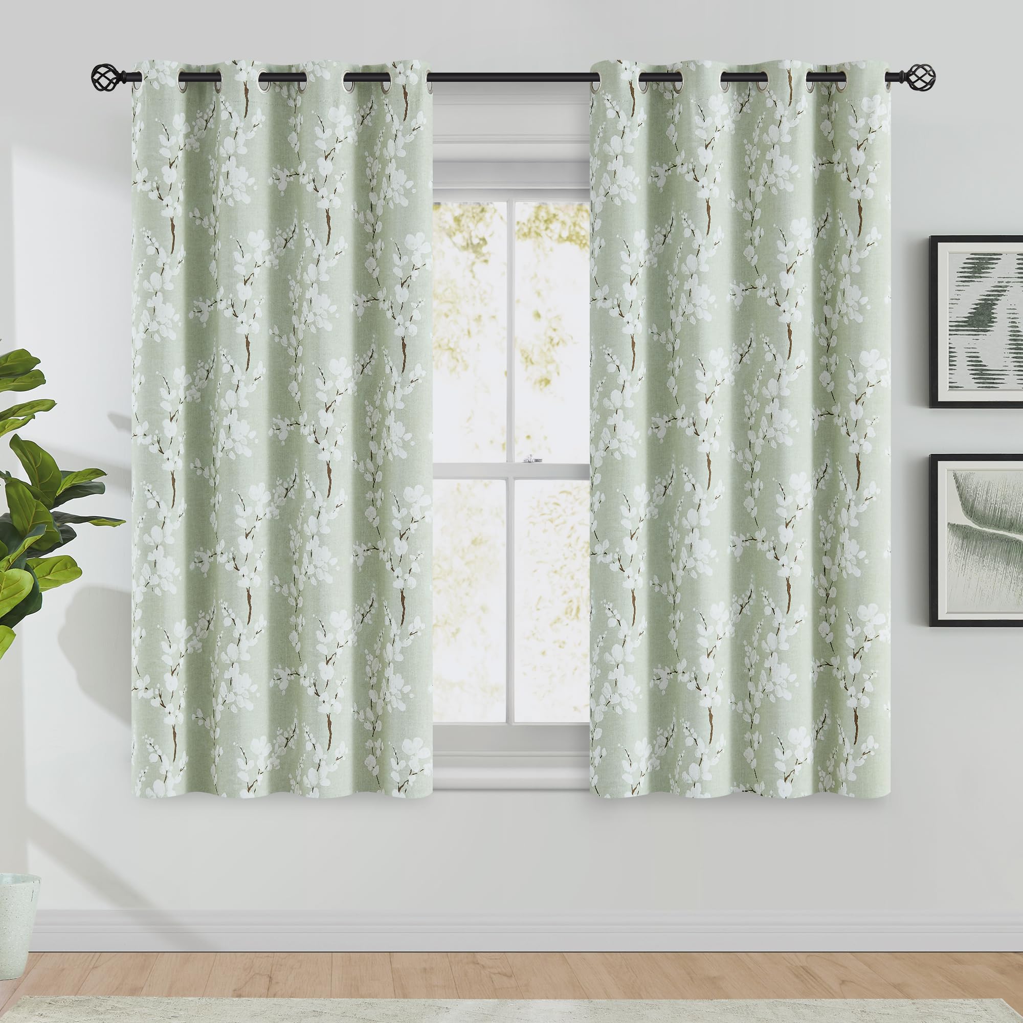 Fmfunctex Green Floral Blackout Curtains | Thermal Eyelet Panels, 54" Drop