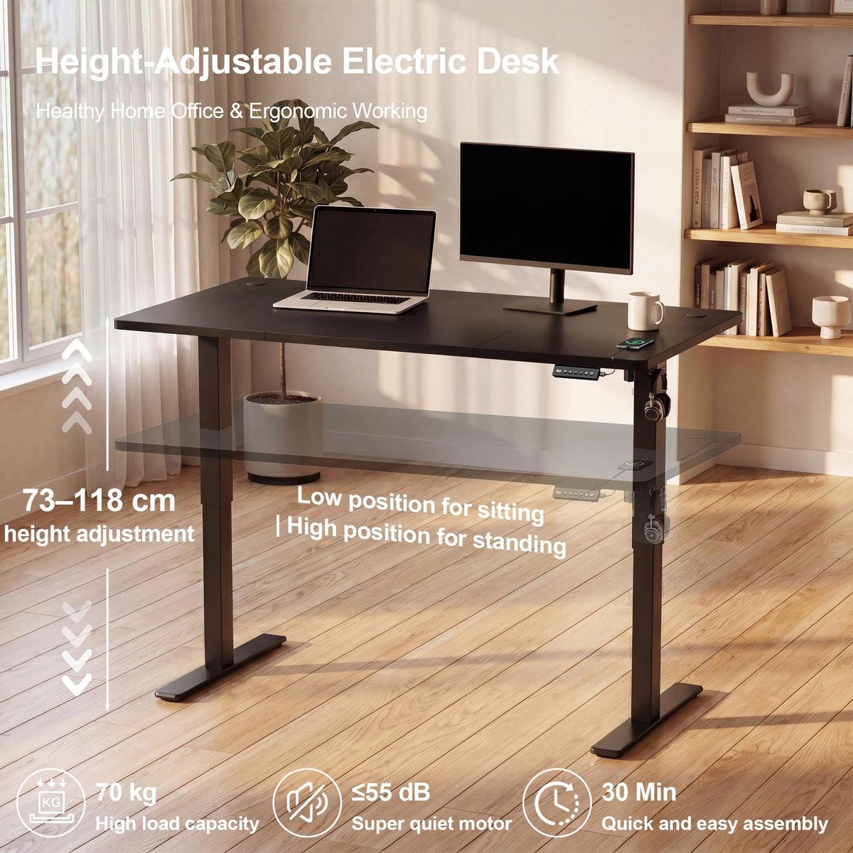 JUMMICO Electric Standing Desk 100x60cm – Height Adjustable with USB Charging, Sedentary Reminder, Memory Heights for Home Office Use, Black - image 2