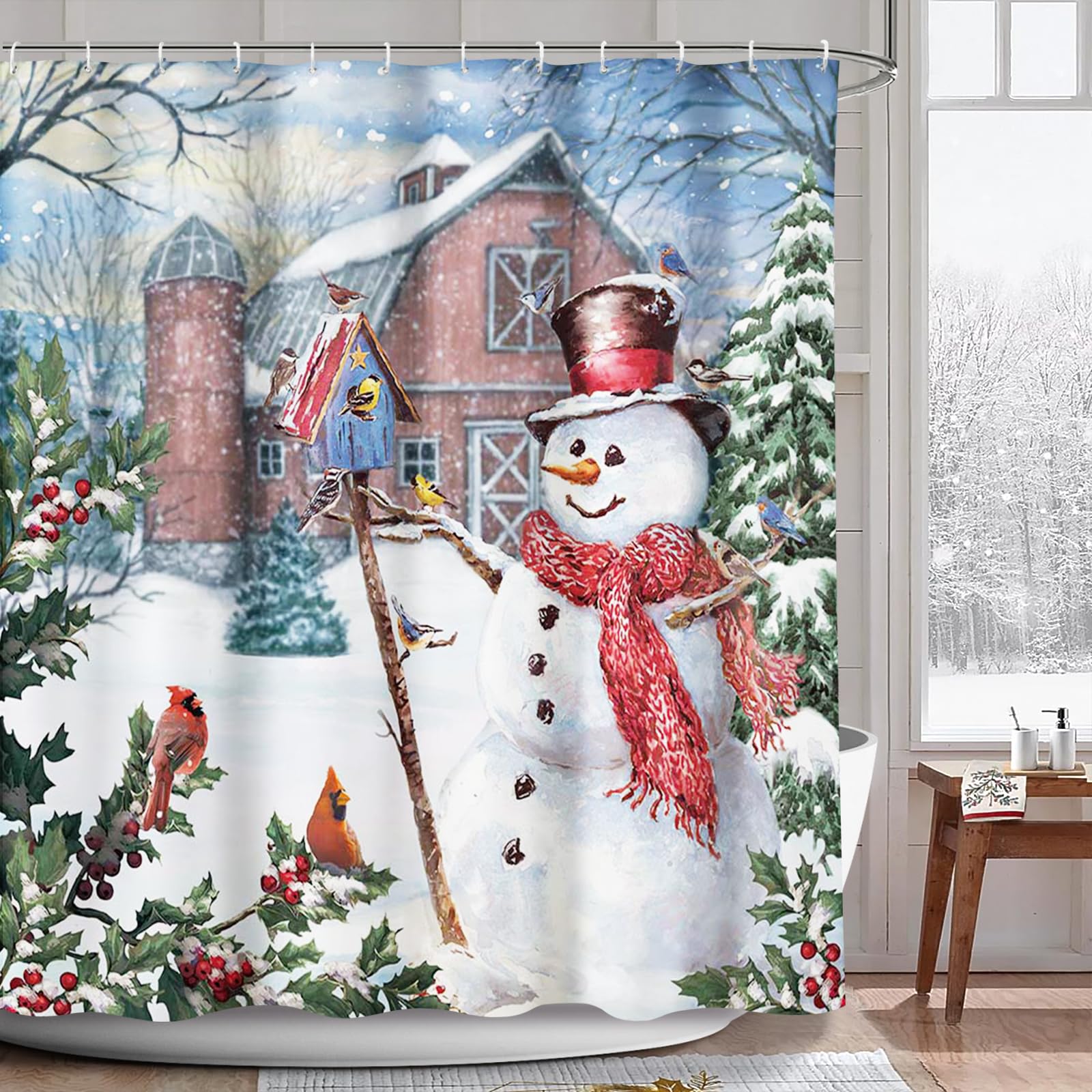 AIBIIN Christmas Shower Curtain Set | Waterproof Snowman Fabric with Hooks
