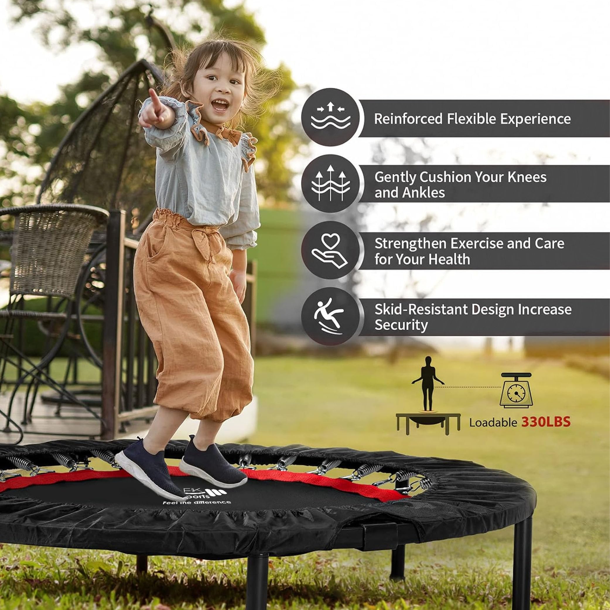 FK Sports 48" Foldable Mini Fitness Trampoline with T-Bar Handle