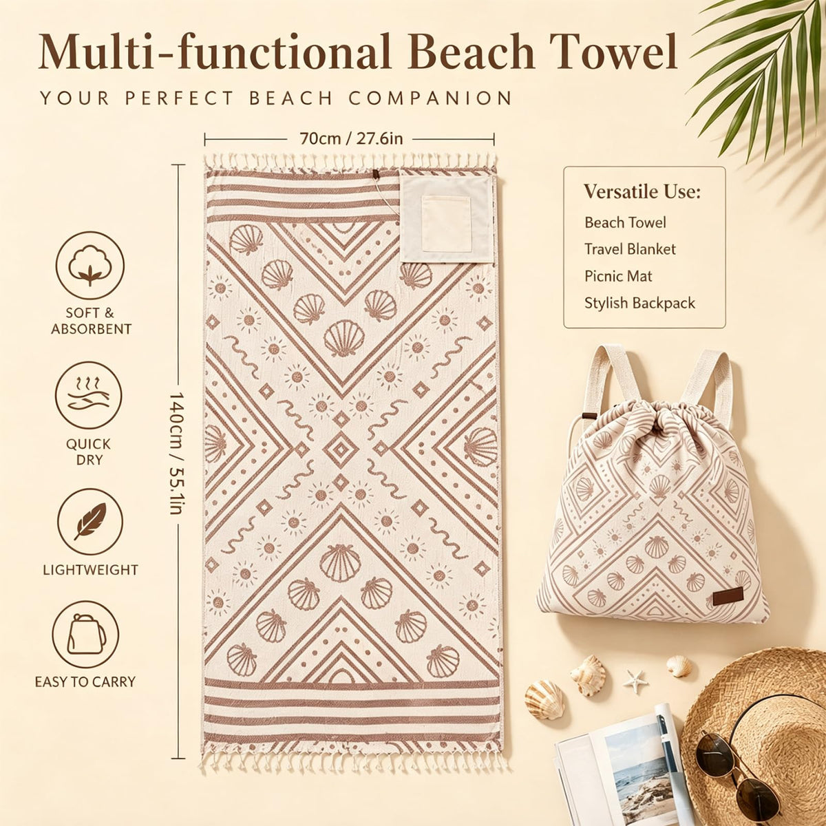 Ruichi 2 in 1 Beach Towel Bag, Convertible Drawstring Beach Towel Backpack - image 3
