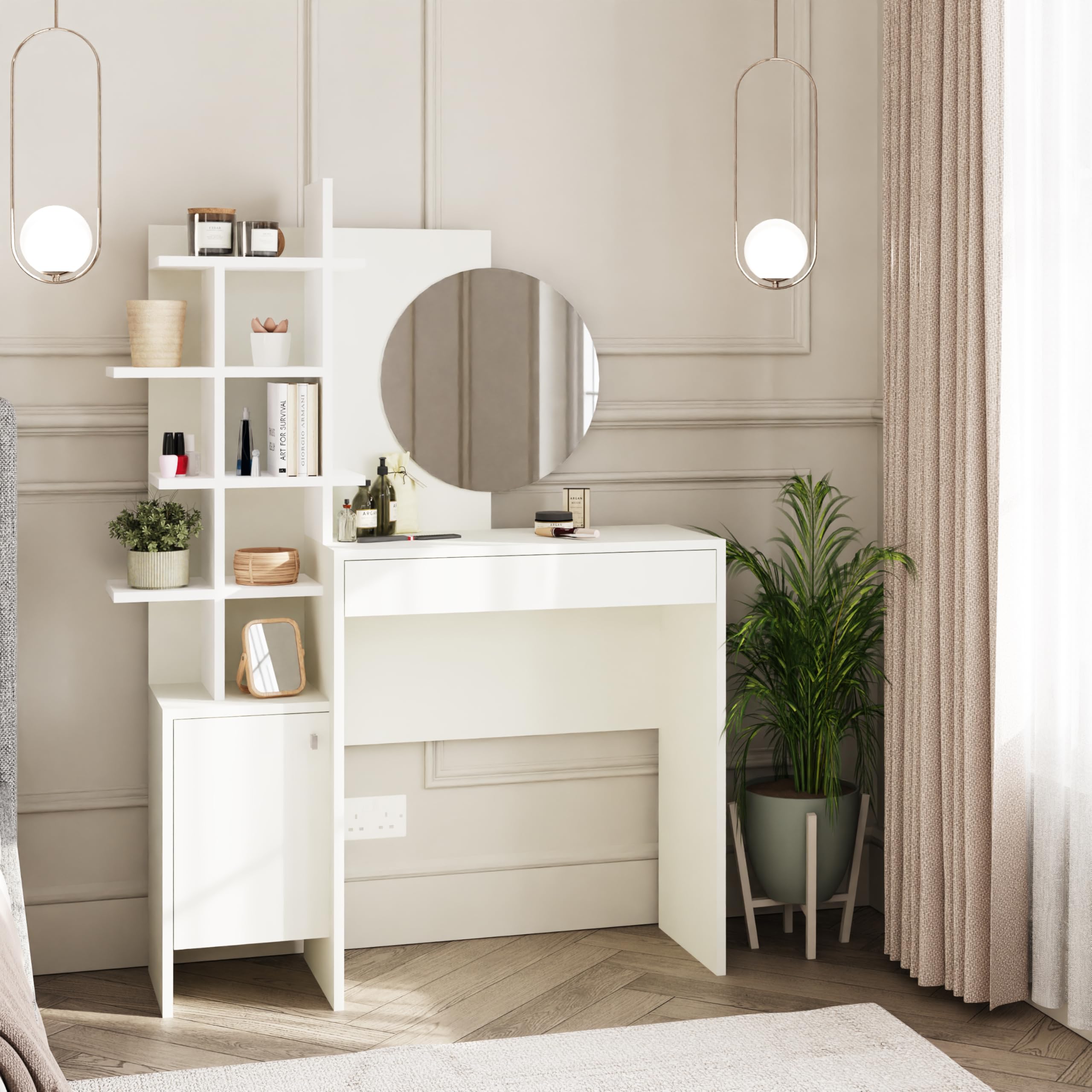 GFW Freyja White Dressing Table Set | Modern Makeup Vanity with Mirror