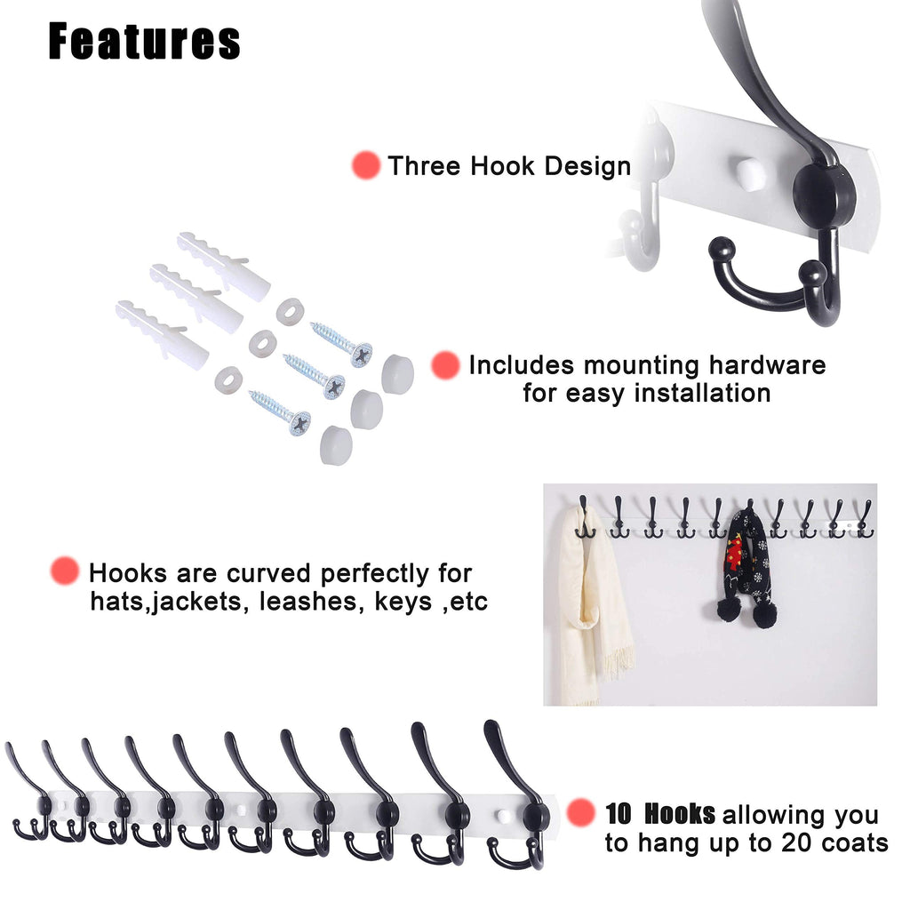 Dseap 96cm Wall Mounted Coat Rack | 10 Tri Hooks Heavy Duty Metal Rail