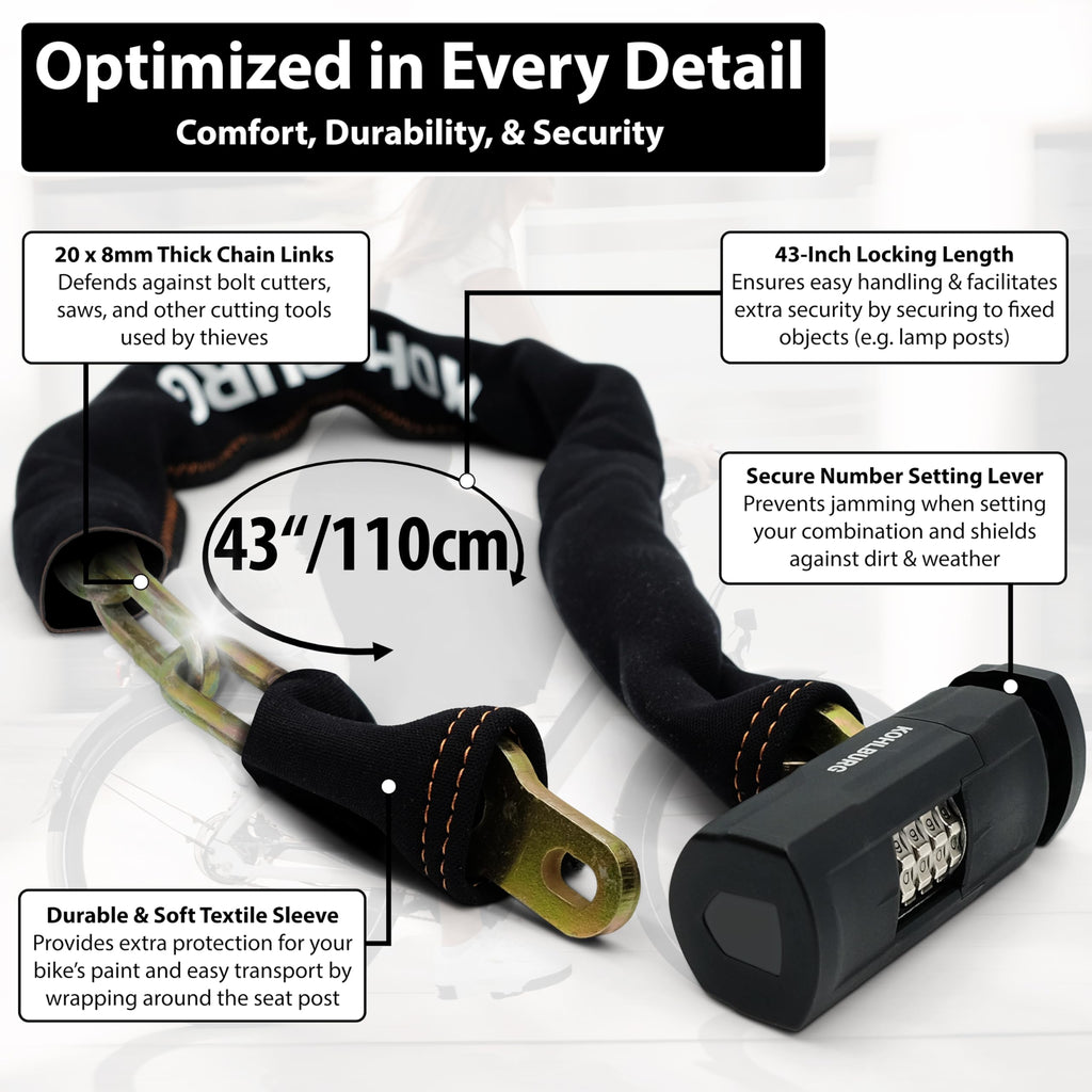 KOHLBURG Sold Secure Gold Combination Bike Lock - 8mm Hardened Steel Chain