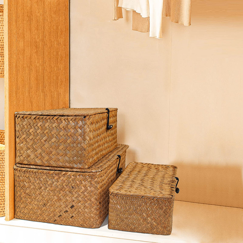 Jolof Store Woven Seagrass Storage Baskets with Lids – 2-Piece Set (L+XXL)