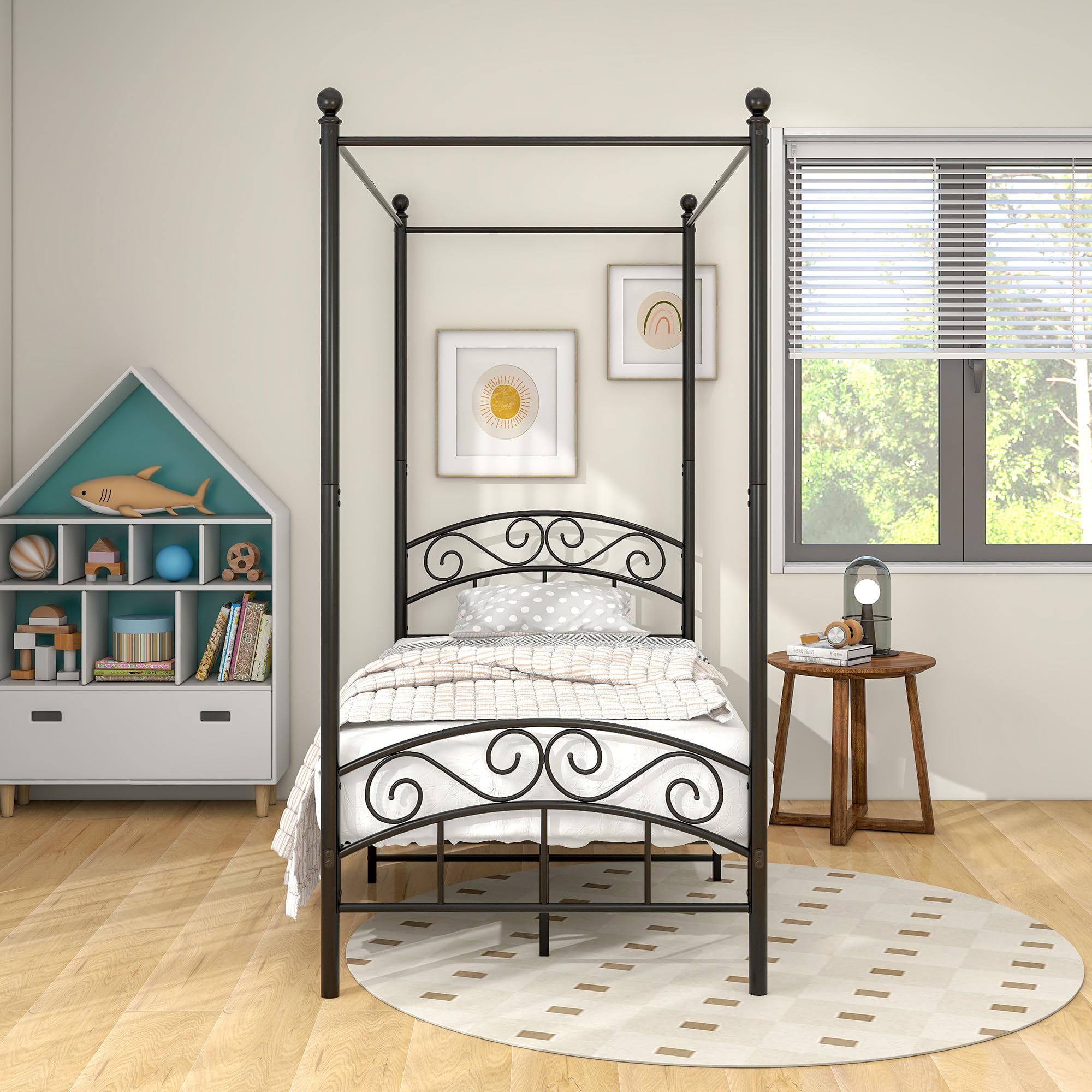 JURMERRY Single Canopy Bed Frame – Ornate Steel Headboard, 3ft