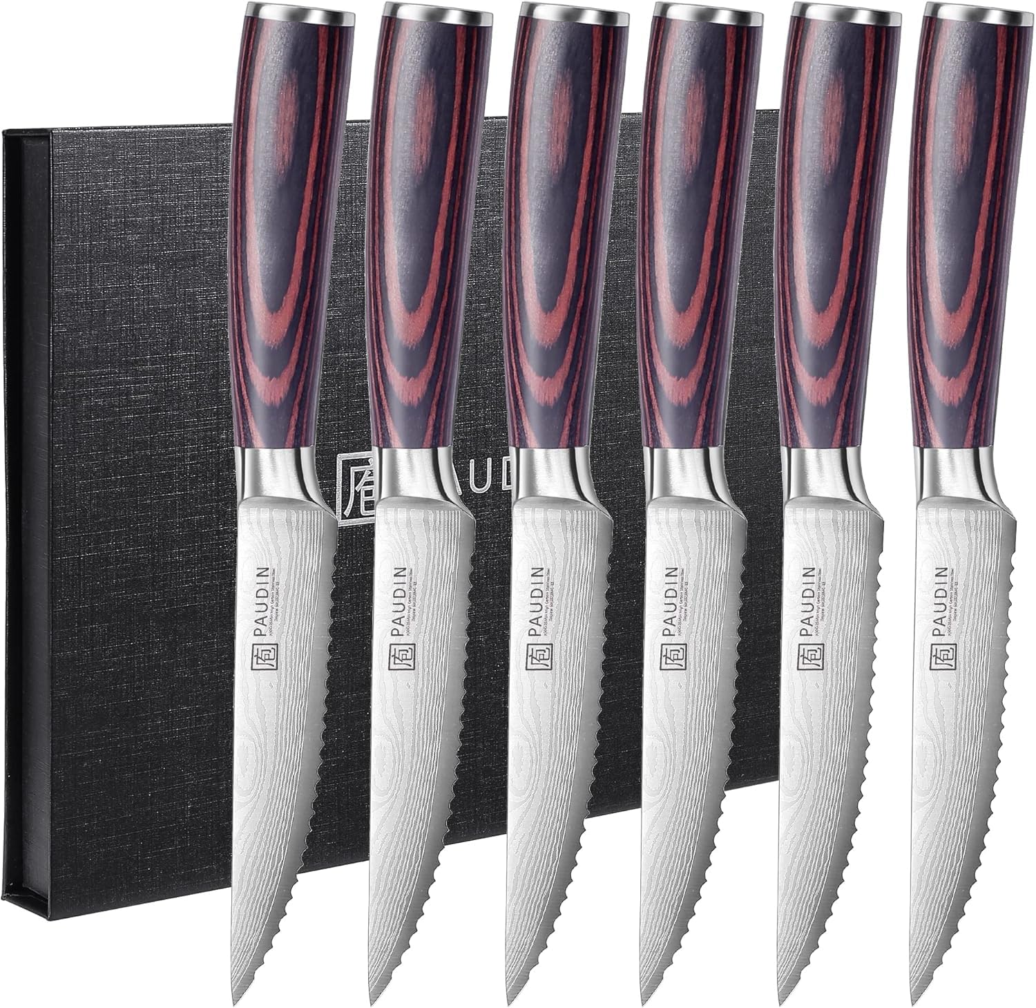 PAUDIN 6-Piece Serrated Steak Knife Set | 4.5" Stainless Steel & Pakkawood