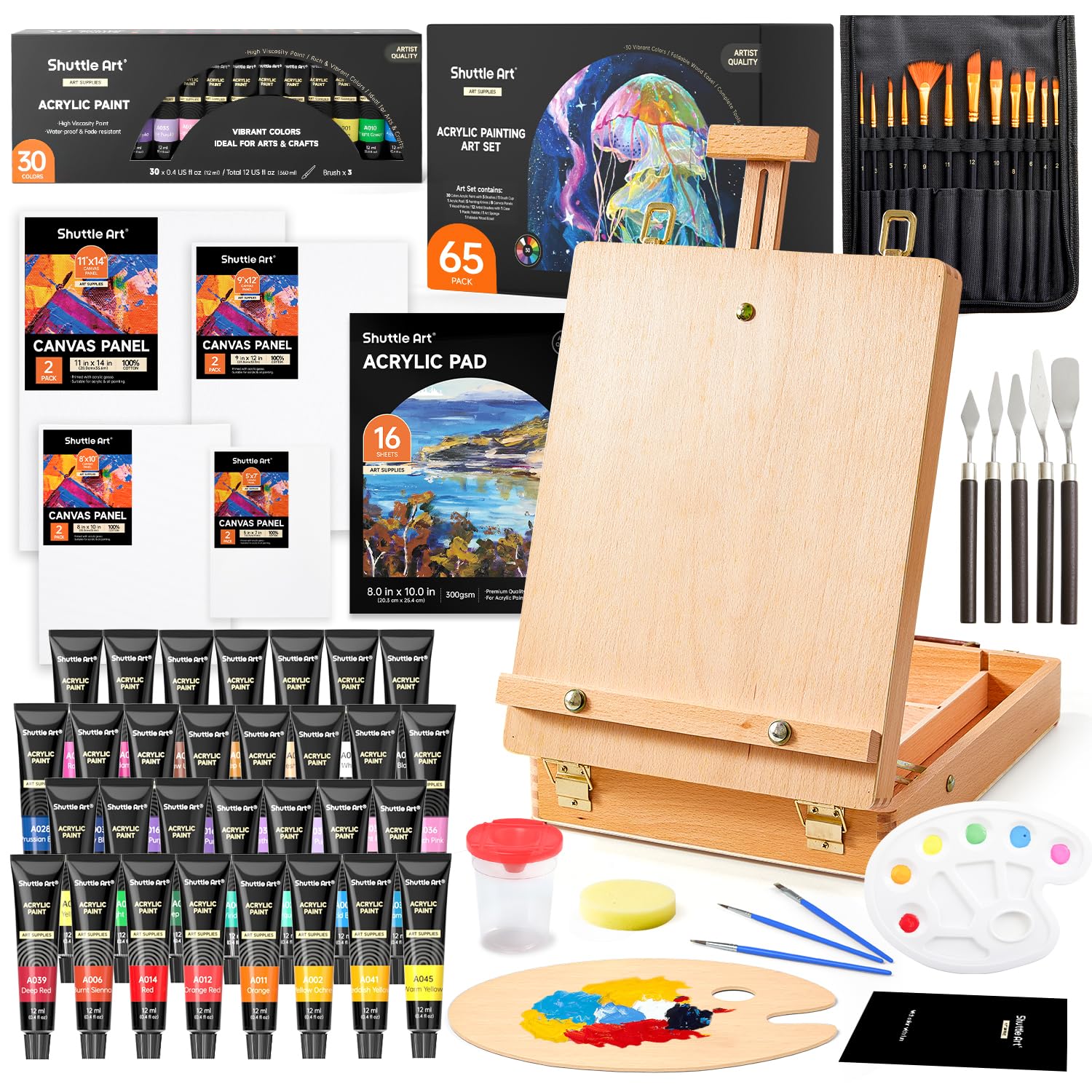 Shuttle Art 65 Pack Acrylic Paint Set with Wooden Tabletop Easel Box