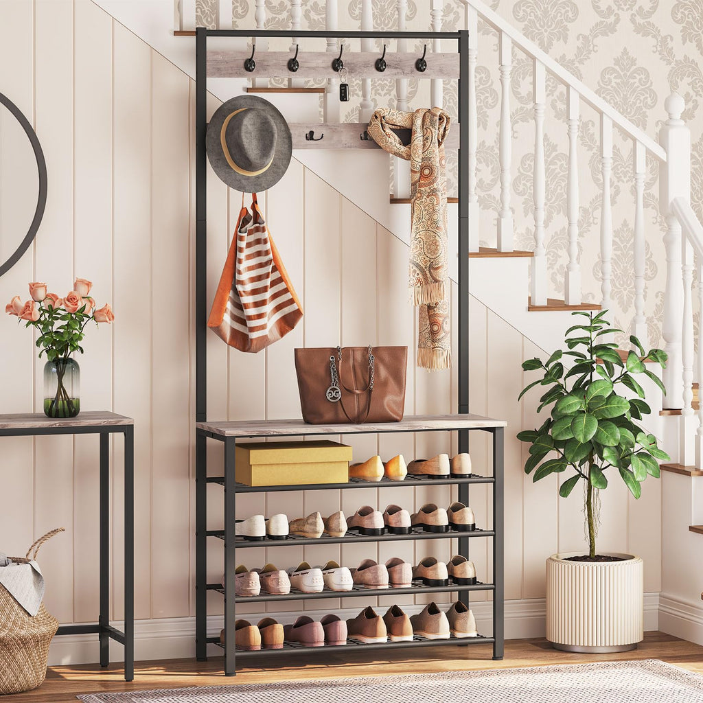 HOOBRO Hall Tree Coat Rack with Shoe Storage - Industrial Metal Frame