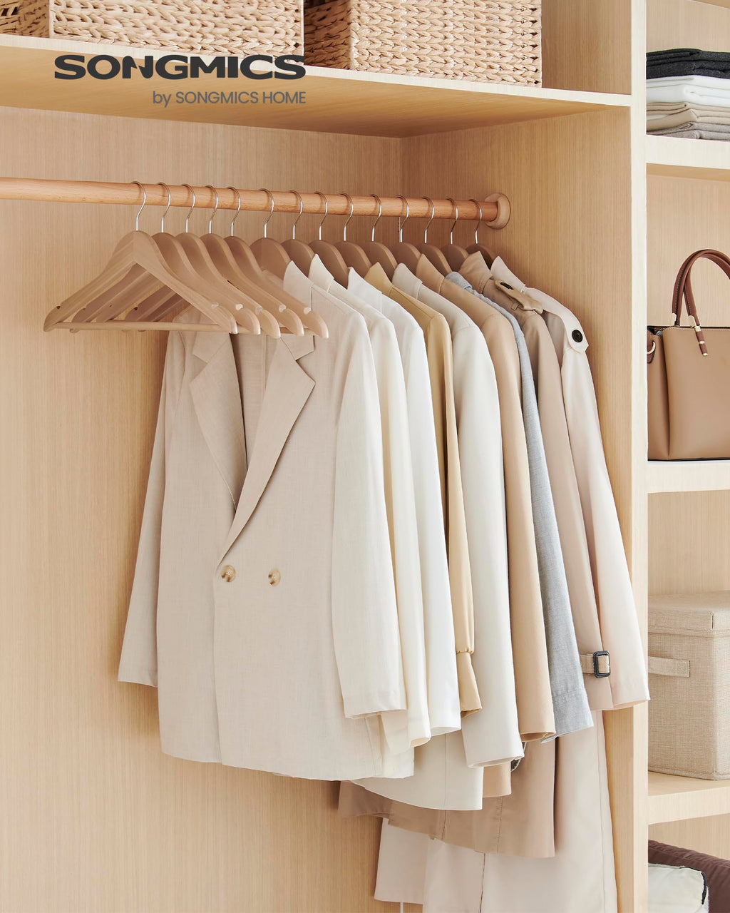 SONGMICS Wooden Hangers - Pack of 48 Non-Slip Maple Wood Coat Hangers
