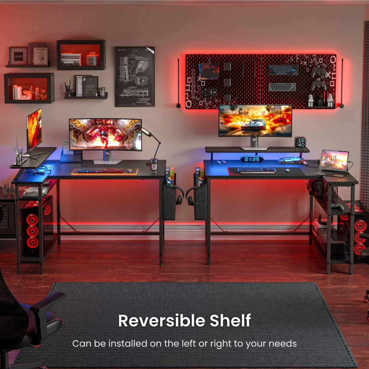 DOMSHOCT L Shaped Gaming Desk with LED Lights & Power Outlets, 140*80cm Corner Computer Table with Storage Bag & Adjustable Shelves & Large Monitor