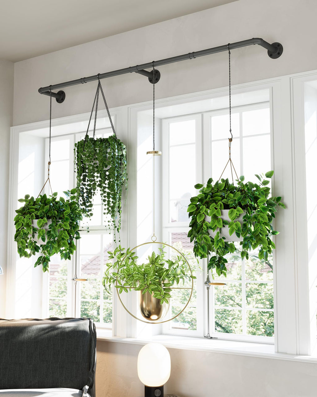 SOFITORG 65.7" Indoor Plant Hanger Rod | Black Metal Hanging Bar with 6 Chains