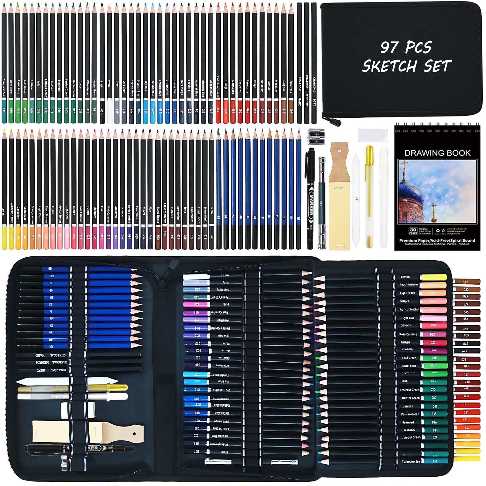 Cozii 97-Piece Drawing and Sketching Set | 72 Colored Pencils & Sketchbook