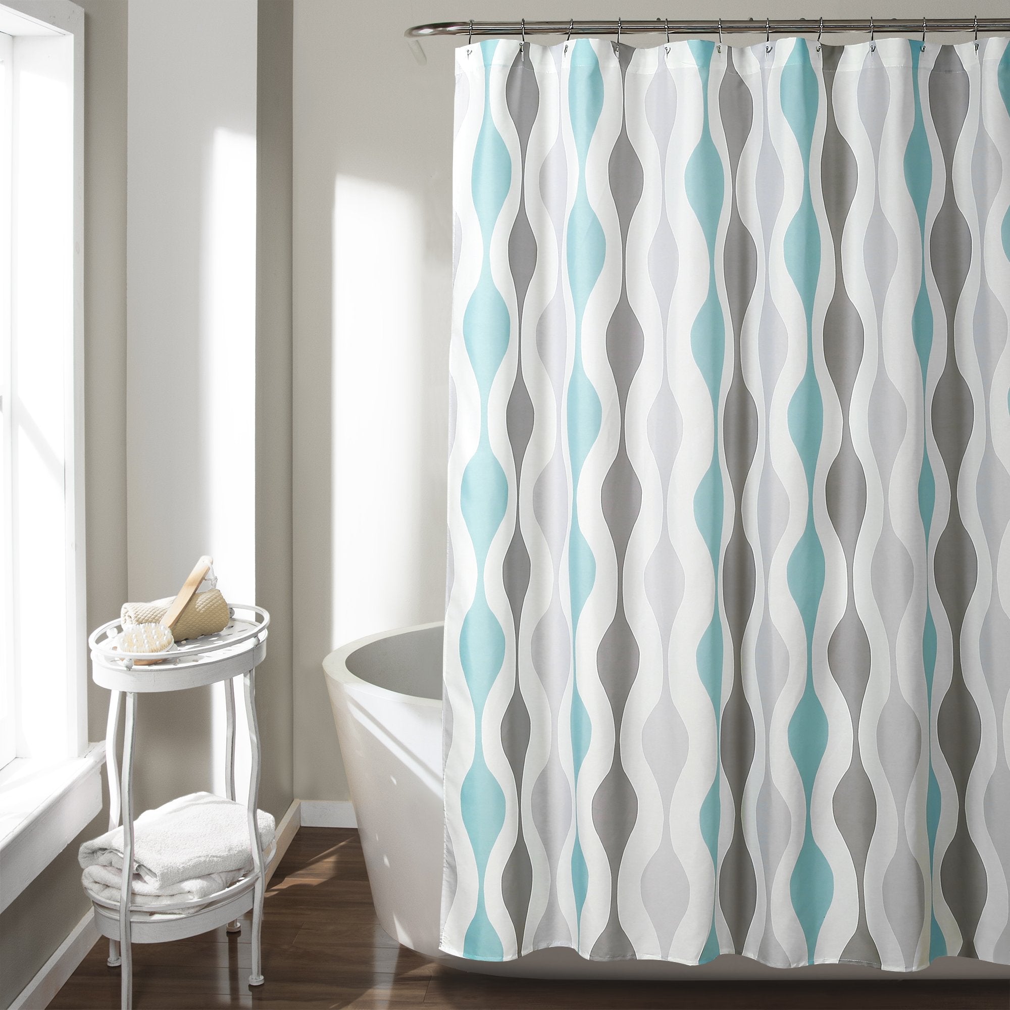 Lush Decor Mid Century Geo Shower Curtain | Blue & Gray Boho Polyester
