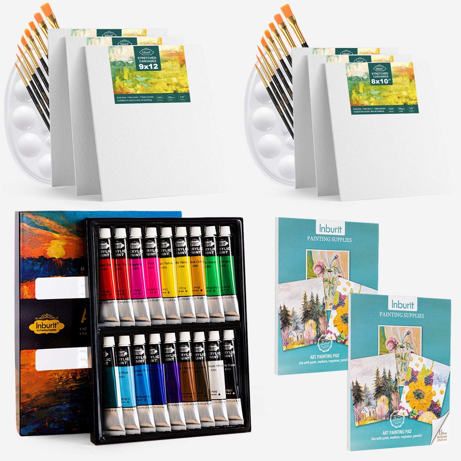 Inburit Acrylic Paint Set - 18 Colors Art Kit with Canvas and Brushes