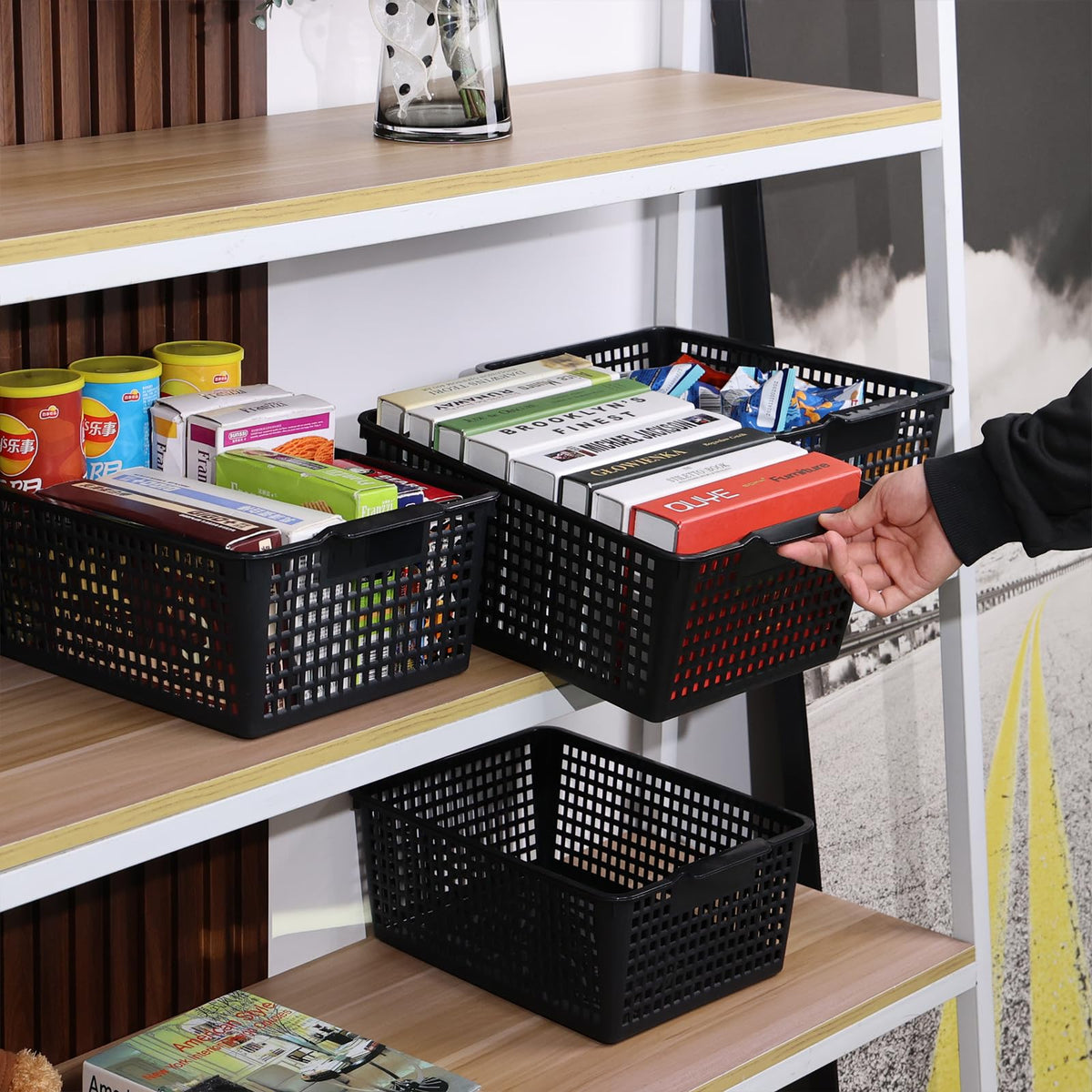 Loiycg 6 Packs Plastic Weave Storage Baskets, Kitchen Organiser Box, Black