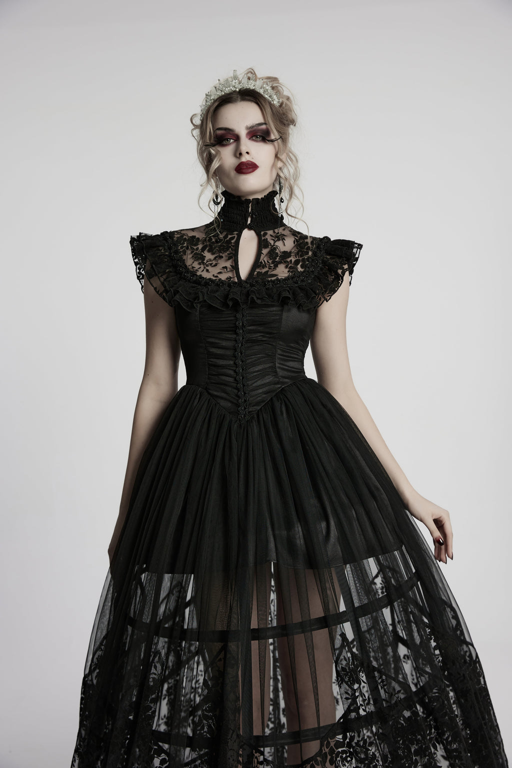 Punk Rave Seraphina Goth Dress – Velvet Floral Mesh Flying Sleeve