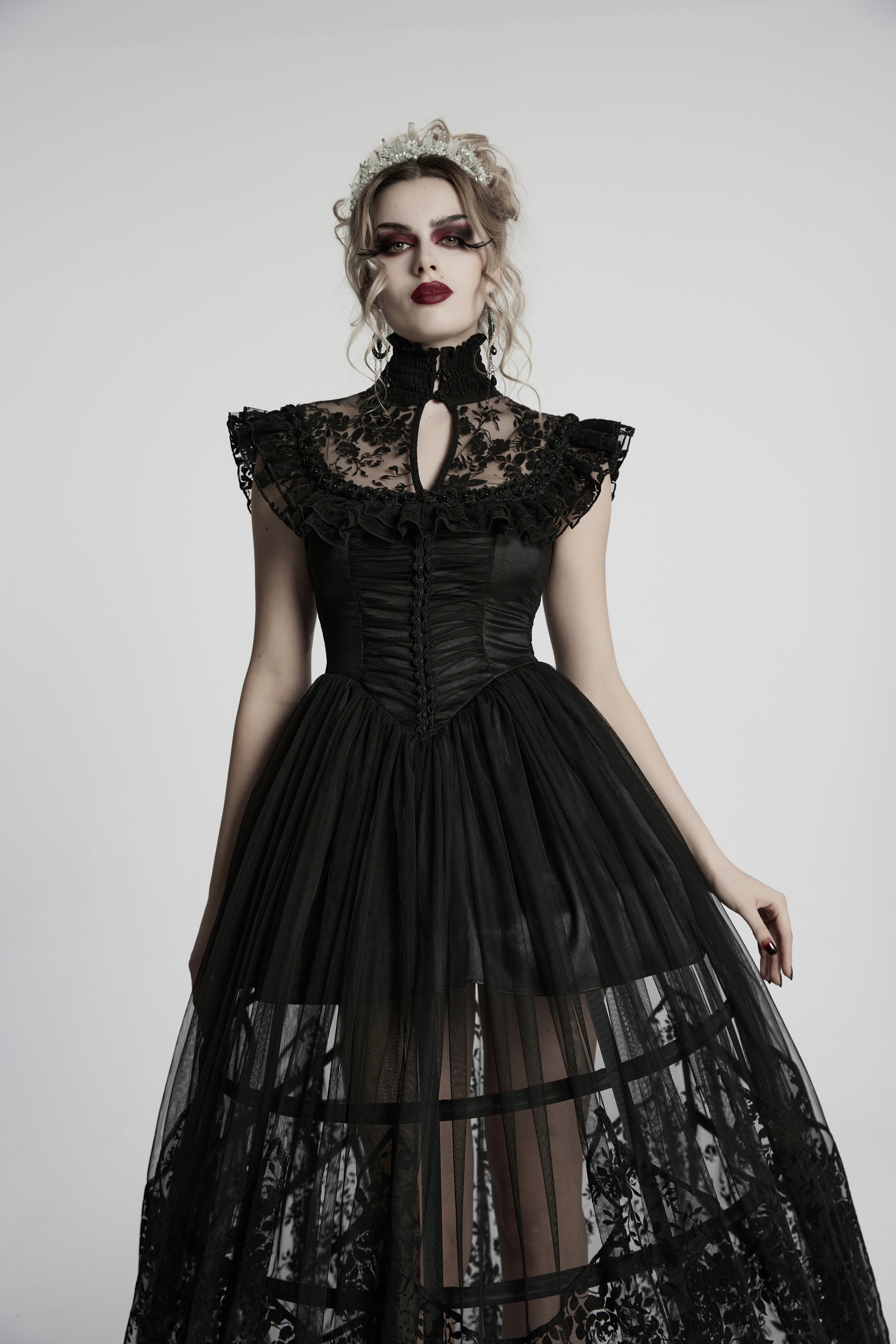 Punk Rave Seraphina Goth Dress – Velvet Floral Mesh Flying Sleeve