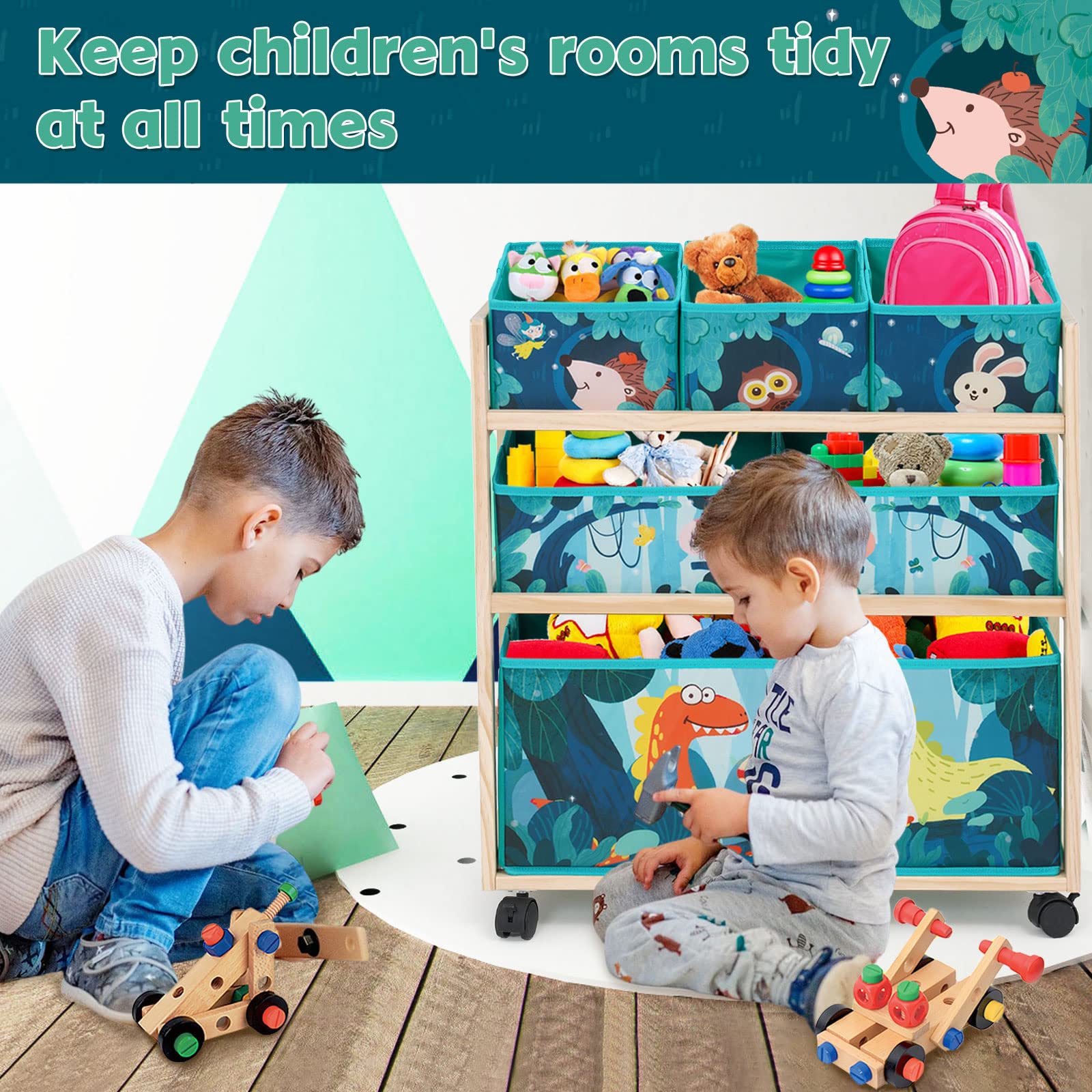 HOMCENT Kids Toy Storage Organizer | Rolling Wood Cart with 6 Bins