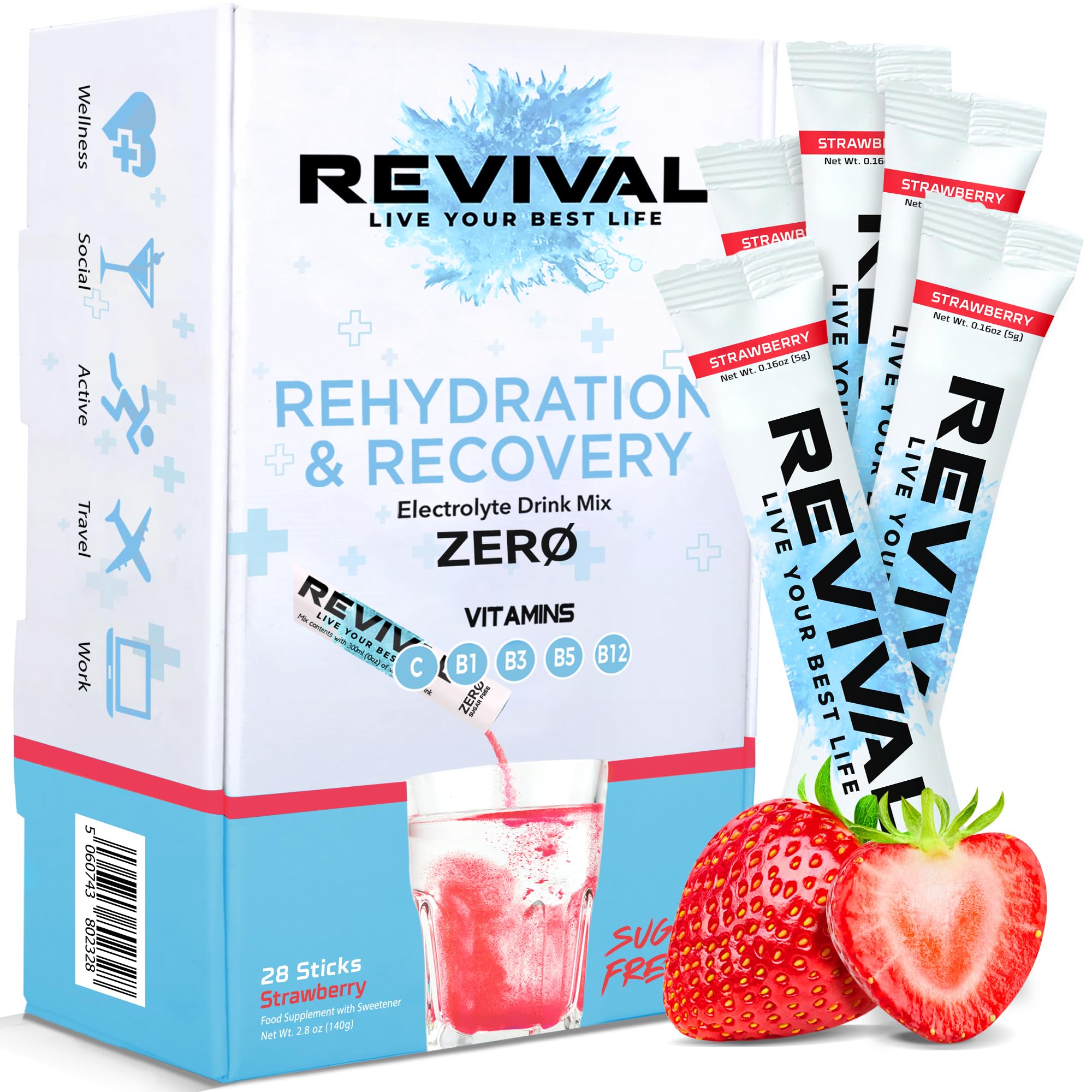 Revival Zero Sugar Electrolyte Powder – Strawberry Hydration (28 Servings)