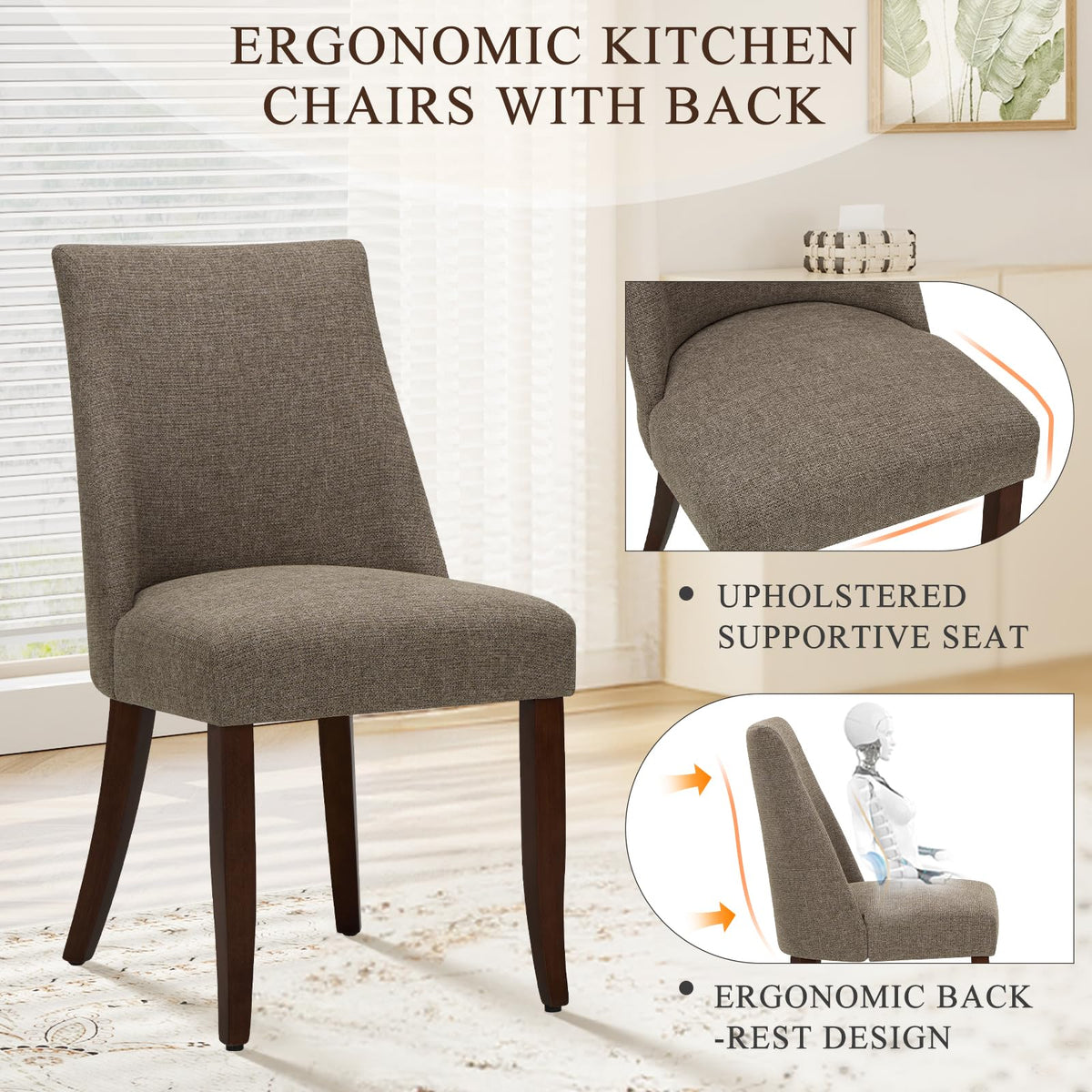 COLAMY Upholstered Dining Chairs Set of 4, Linen Fabric Parsons Dining Room Chairs with Curved Backrest, Solid Rubber Wood Legs - image 2