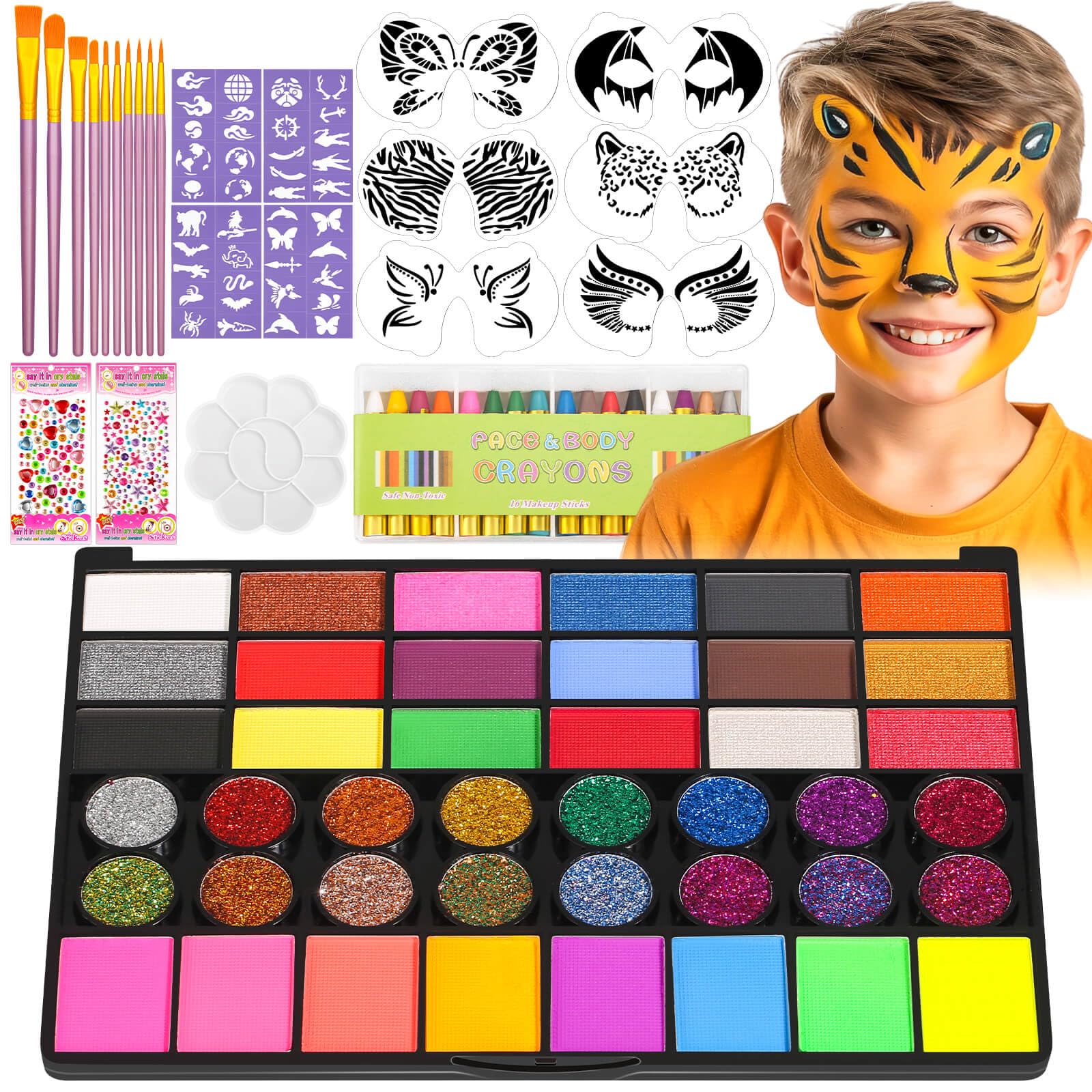 Dynozim Face Painting Kit for Kids | 42 Colors Non-Toxic Makeup with Stencils
