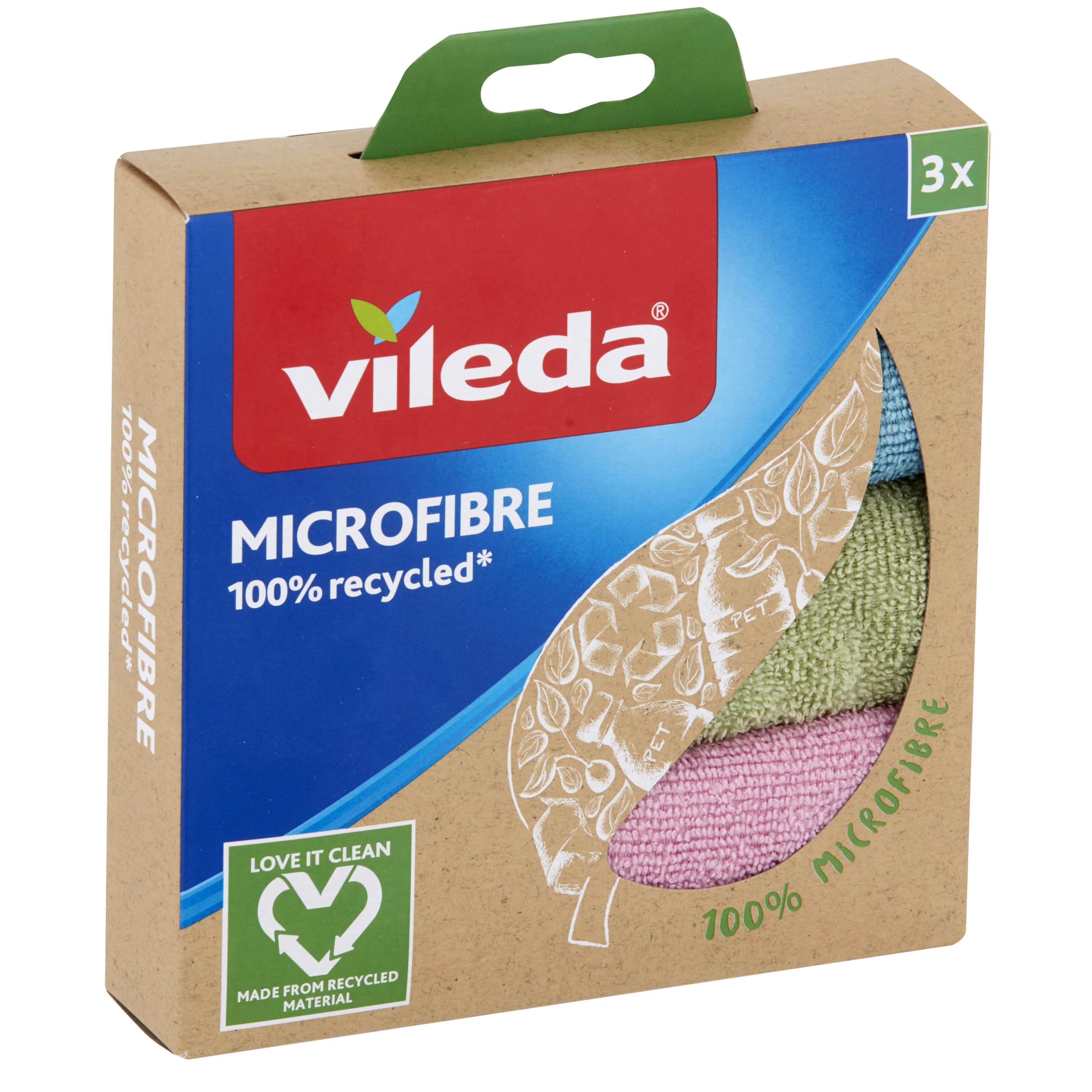 Vileda 100% Recycled Microfibre Cleaning Cloths - 3 Pack Multicolor