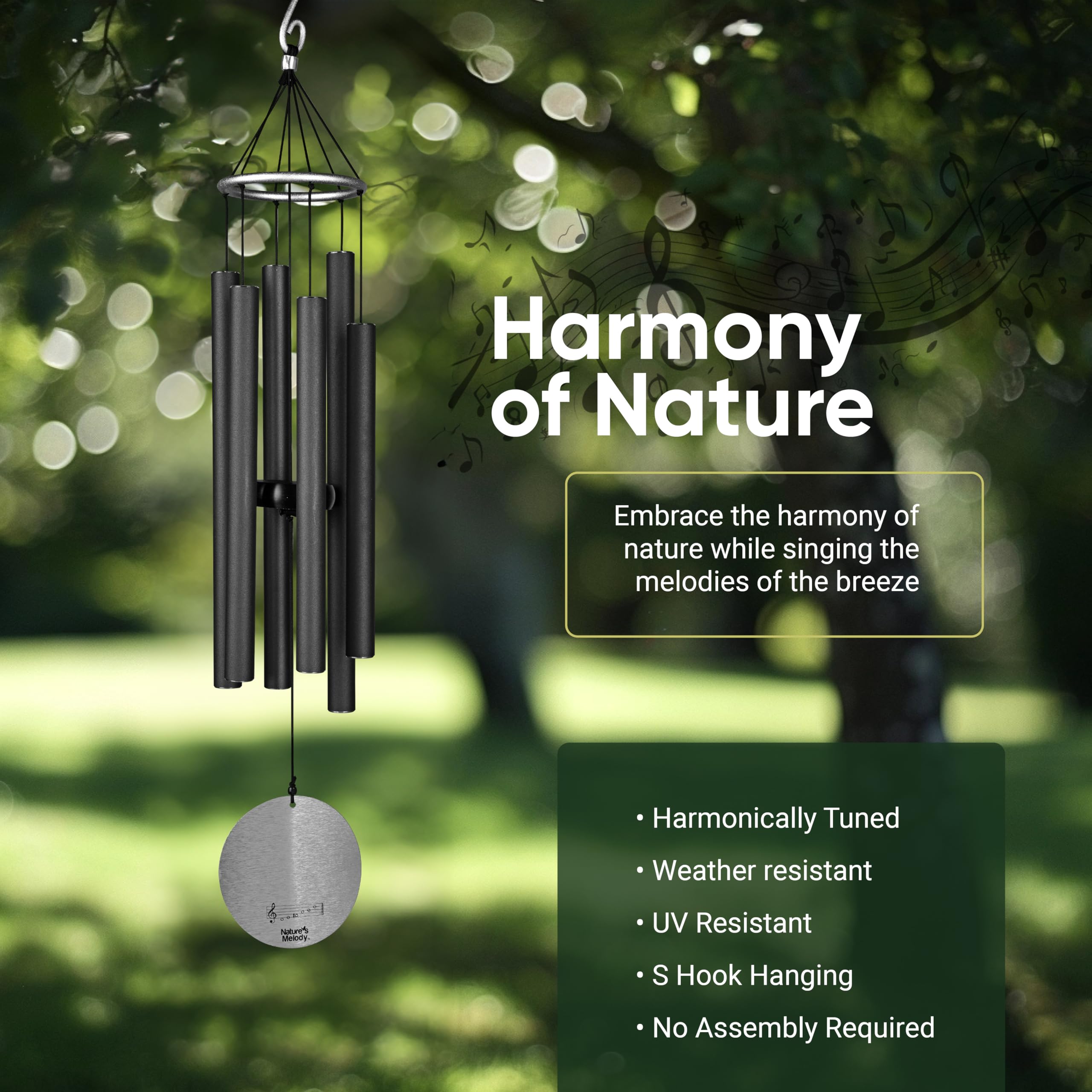 Nature's Melody 28-inch Aureole Tunes Windchime | Recycled Aluminum Black