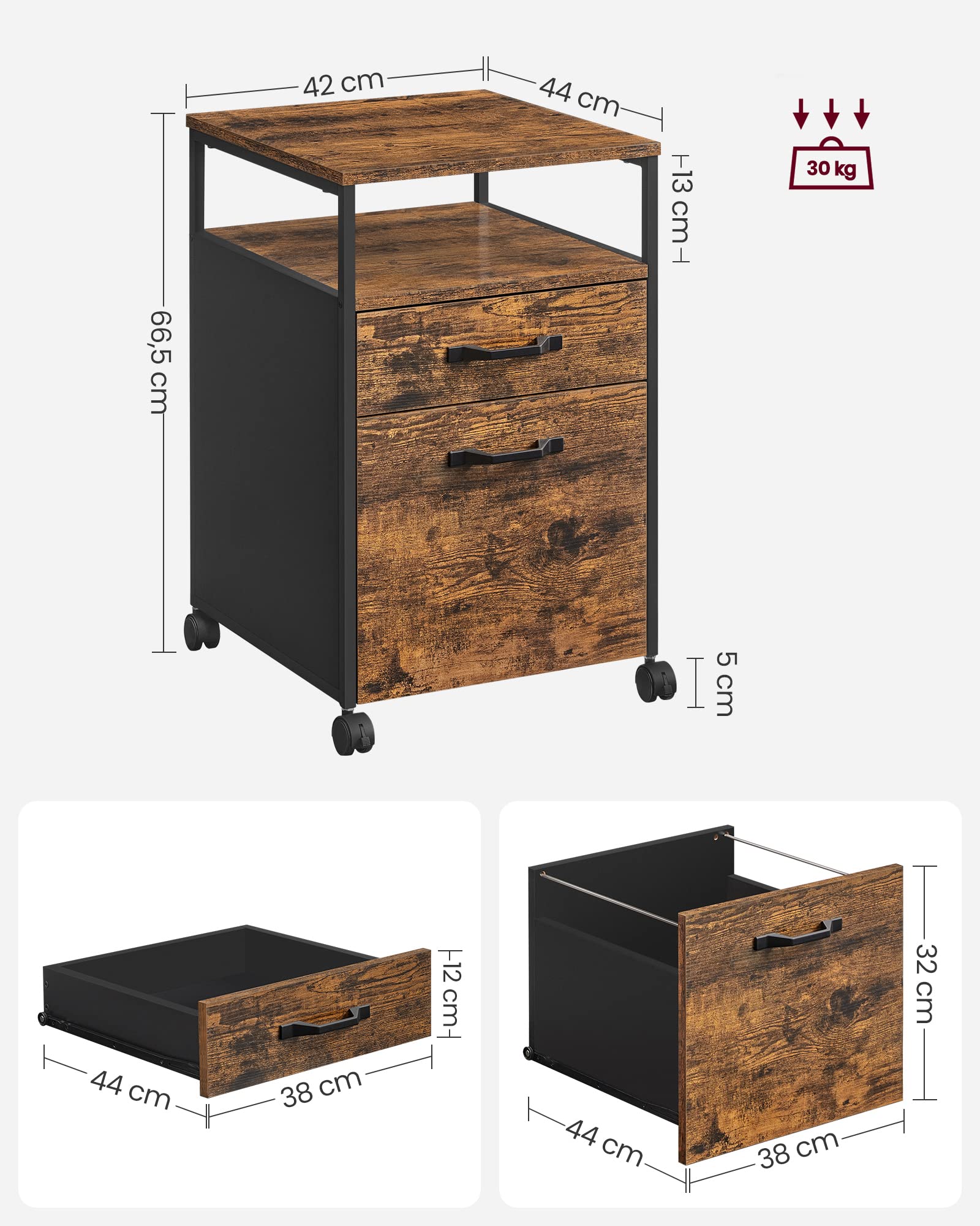 VASAGLE Mobile File Cabinet – 2-Drawer Rolling Office Storage, Rustic Brown