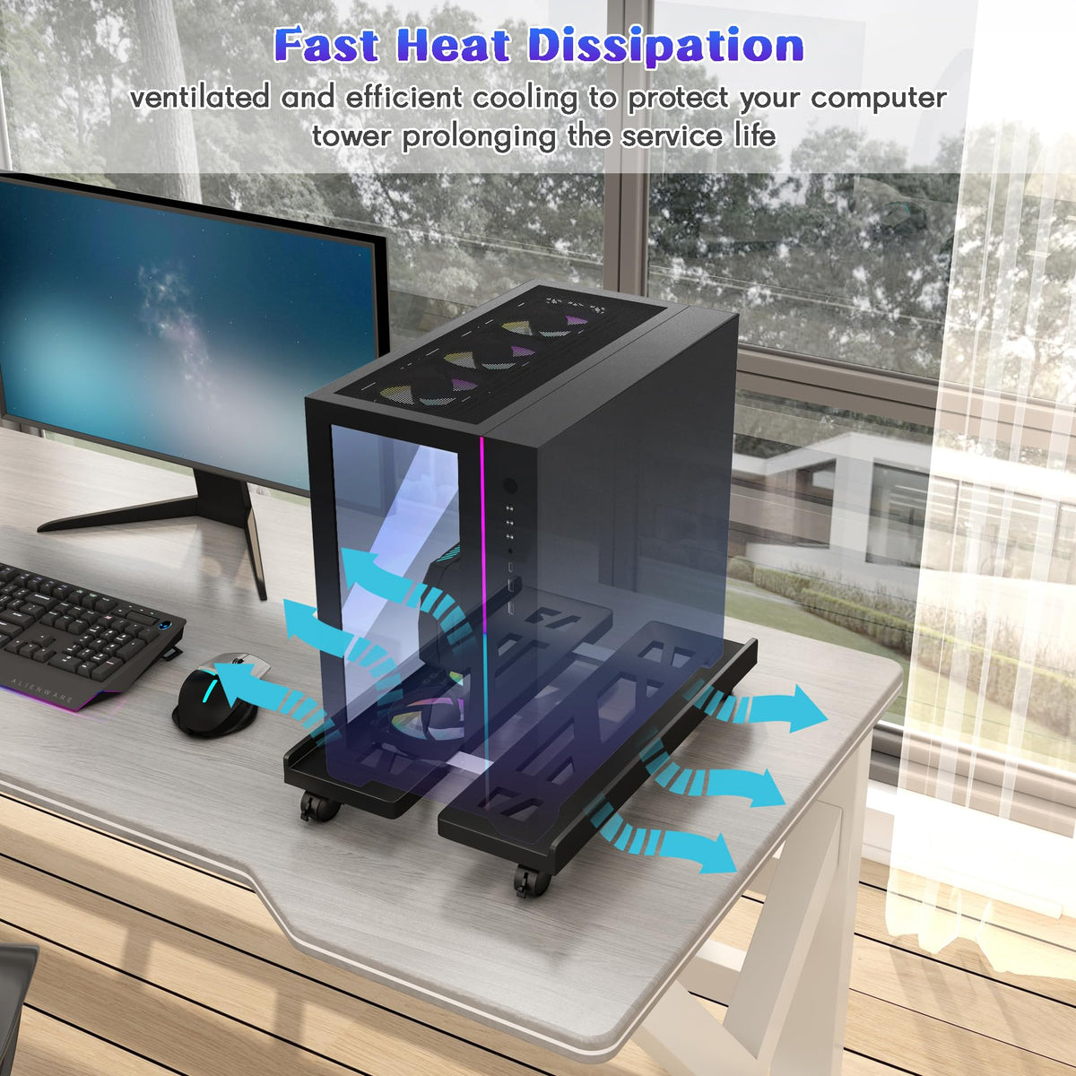 Qcdou Adjustable Mobile CPU Stand - Ventilated Tower Stand with 4 Caster Wheels, Fits Most PC, for Floor Carpet Gaming PC Case Black
