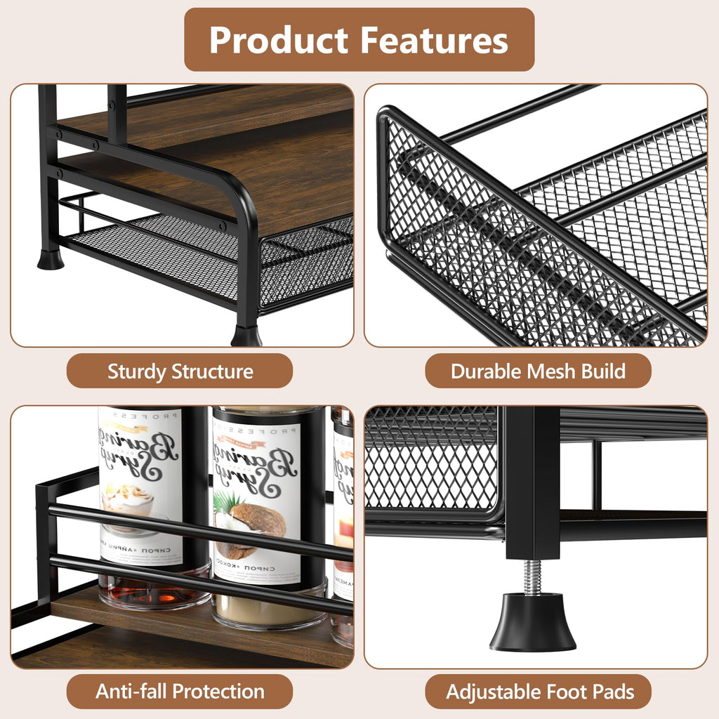Jolof Store Coffee Syrup Organizer – 3-Tier 8 Bottle Stand with K-Cup Drawer