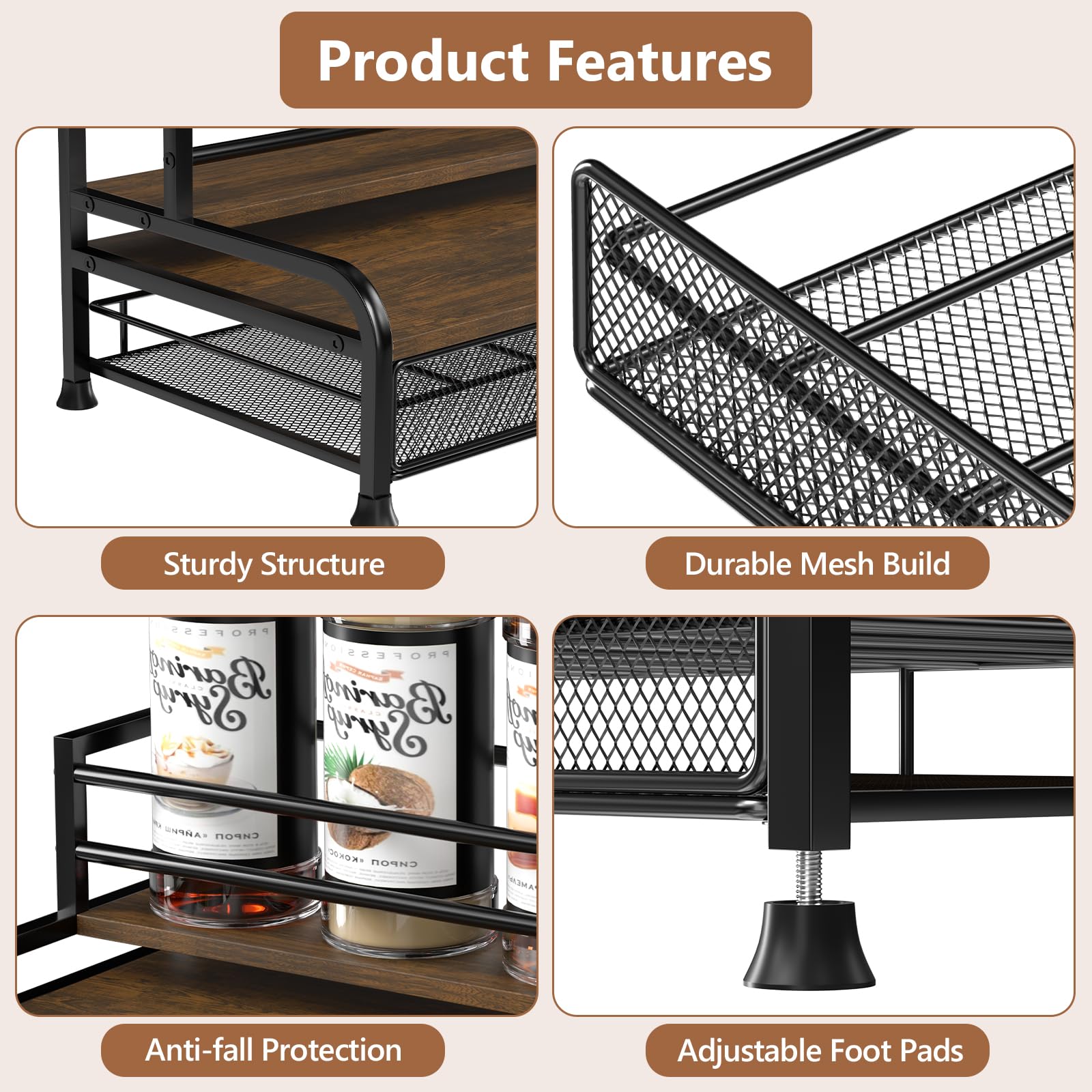 Jolof Store Coffee Syrup Organizer – 3-Tier 8 Bottle Stand with K-Cup Drawer