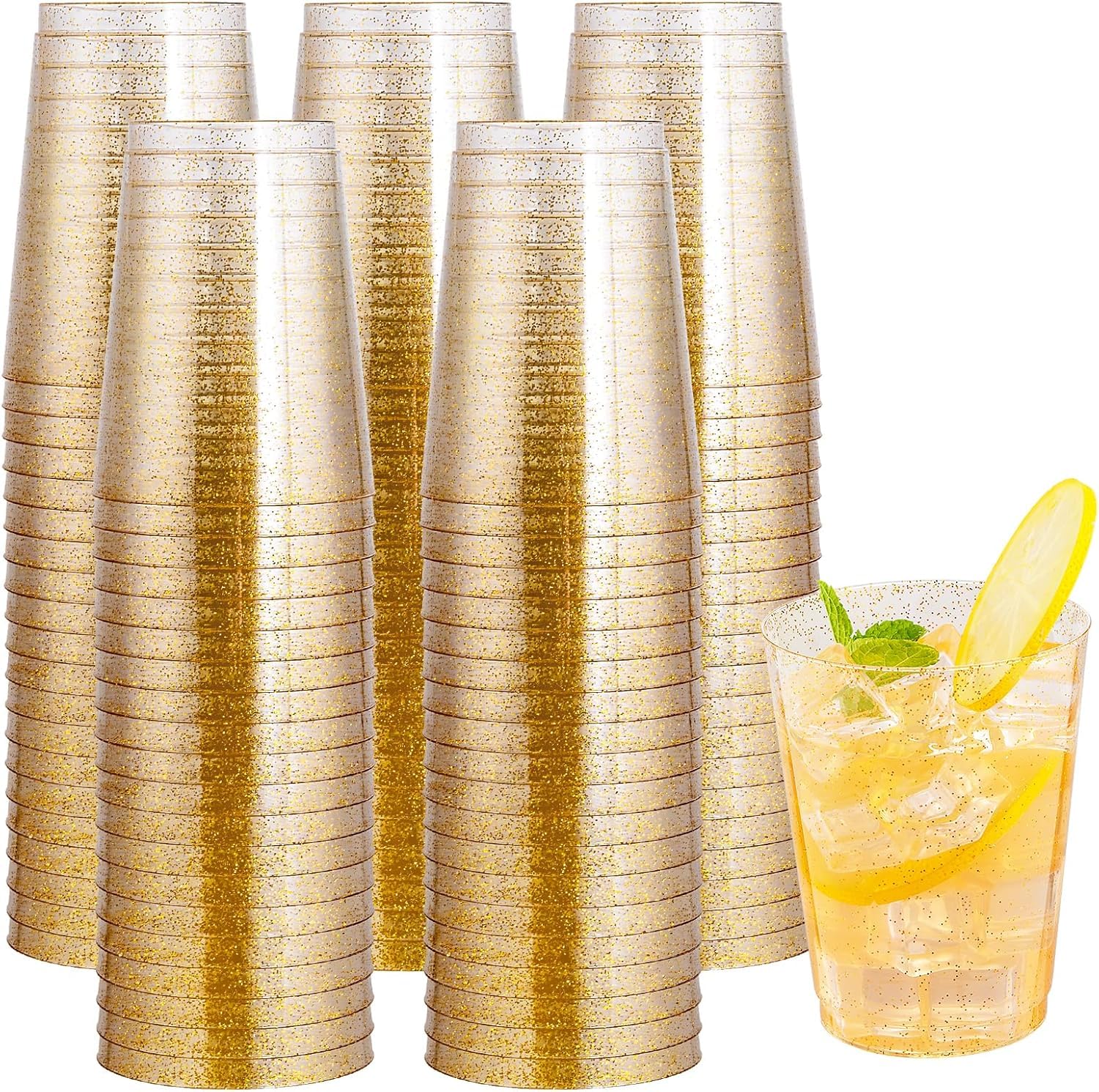 Gikisla 50pcs Gold Glitter Plastic Cups | 10oz Reusable Party Tumblers