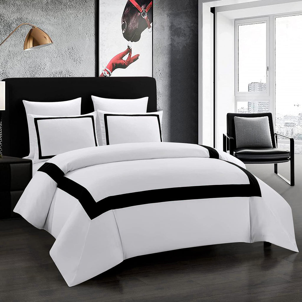 OSVINO Microfiber Duvet Cover Set | Simple Line Hotel Bedding - Black, Double