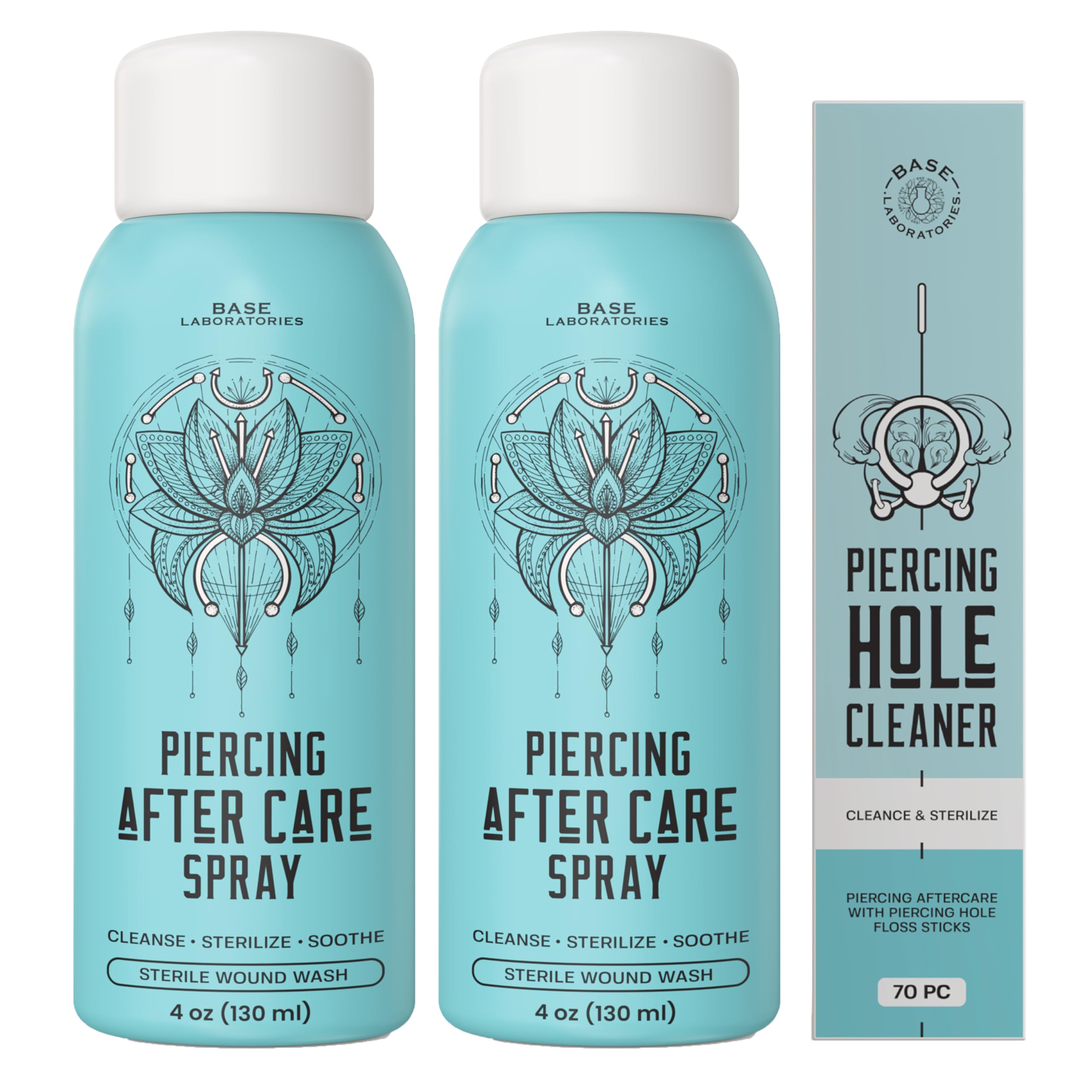 Base Labs Piercing Aftercare Saline Spray Kit with Ear Hole Cleaner Floss