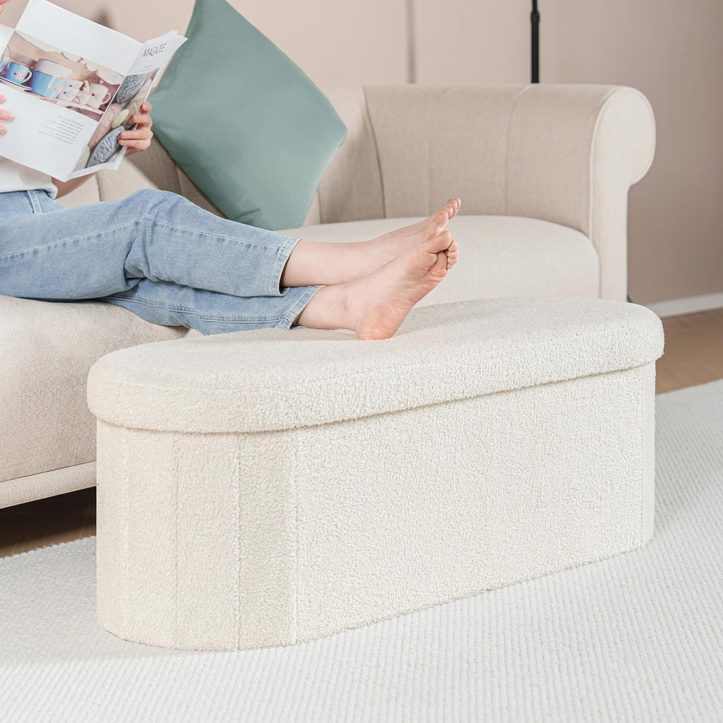 Bonlife Oval Boucle Folding Ottoman Storage Bench | 120L White Footstool