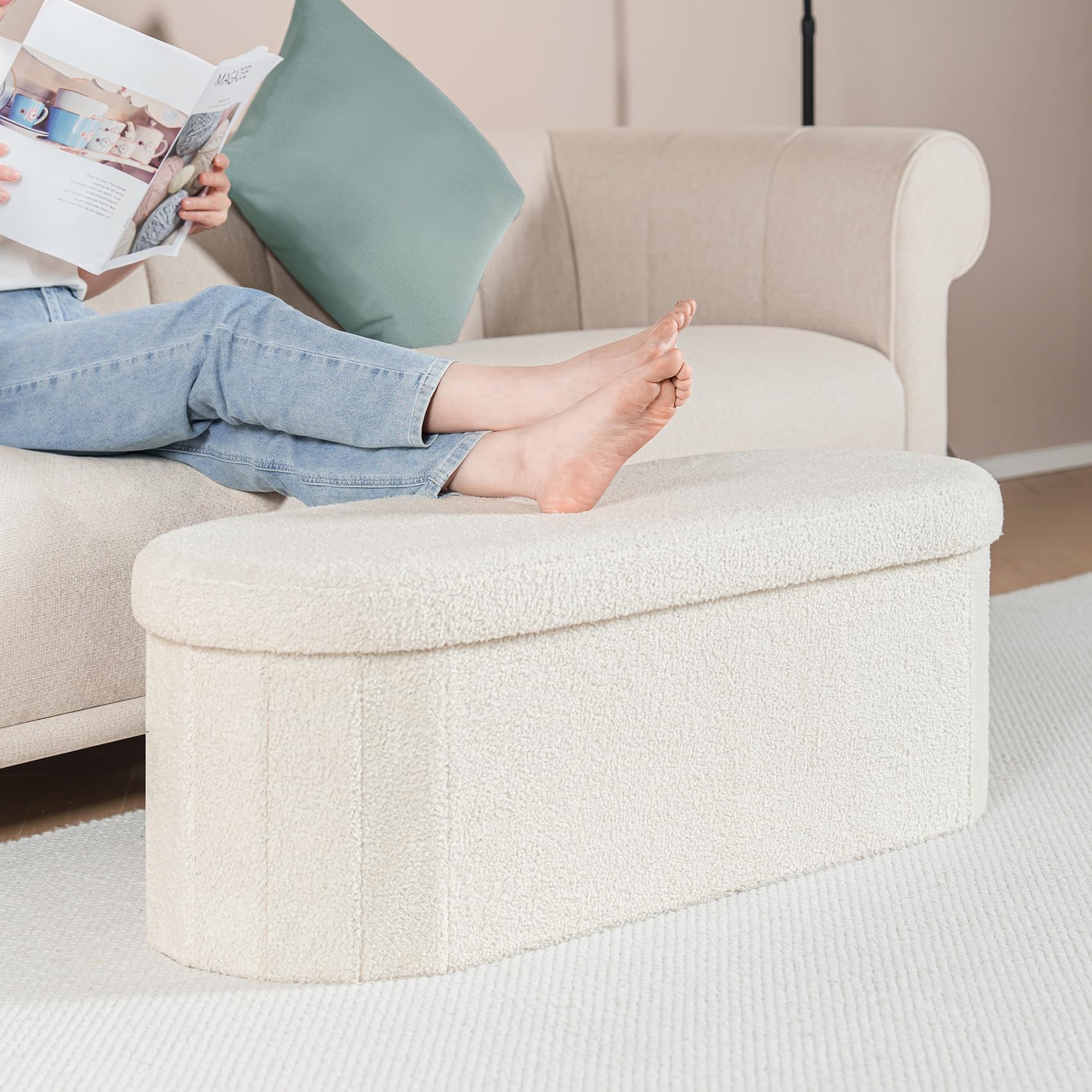 Bonlife Oval Boucle Folding Ottoman Storage Bench | 120L White Footstool