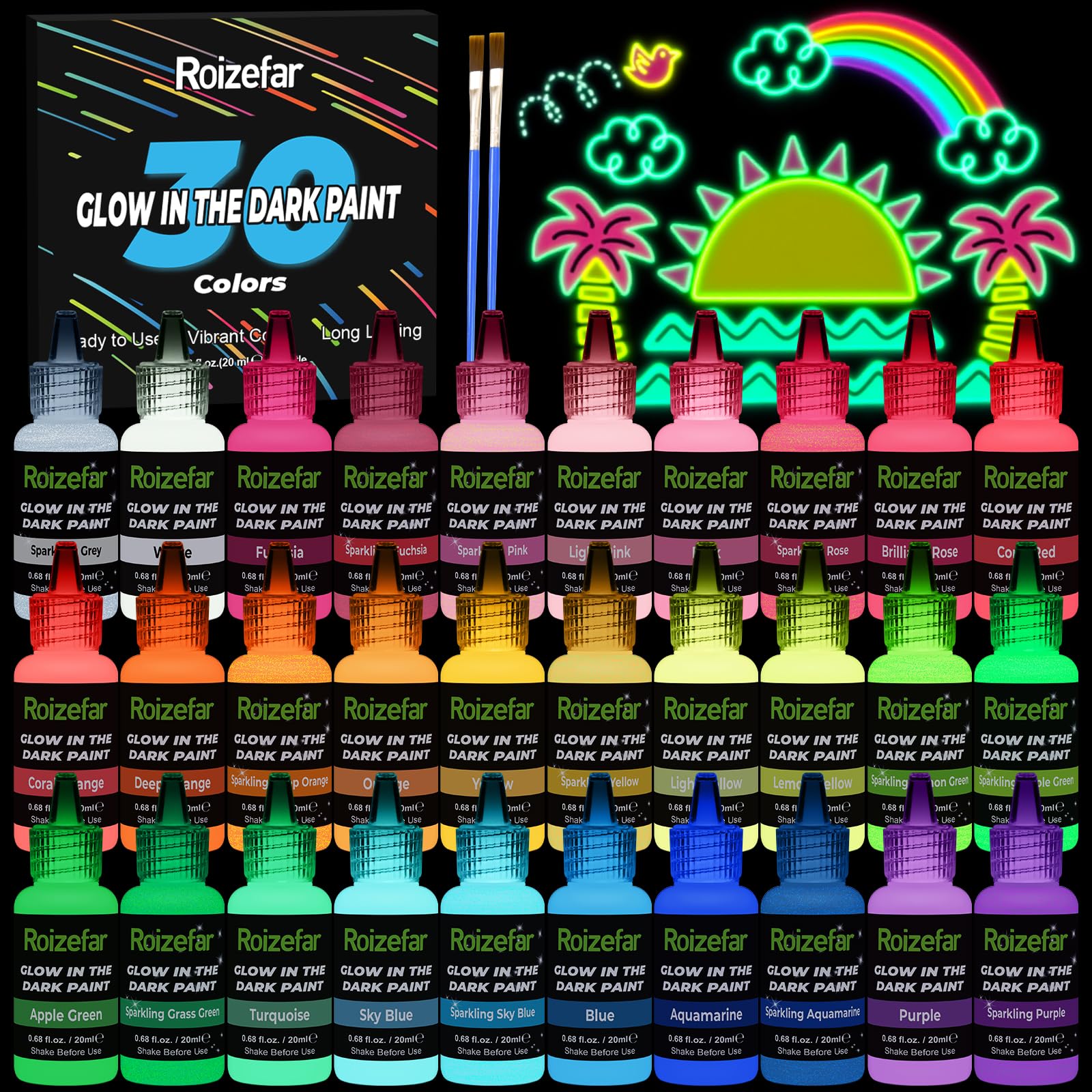 Roizefar Glow in the Dark Fabric Paint – 30 Colors Luminous Art Set
