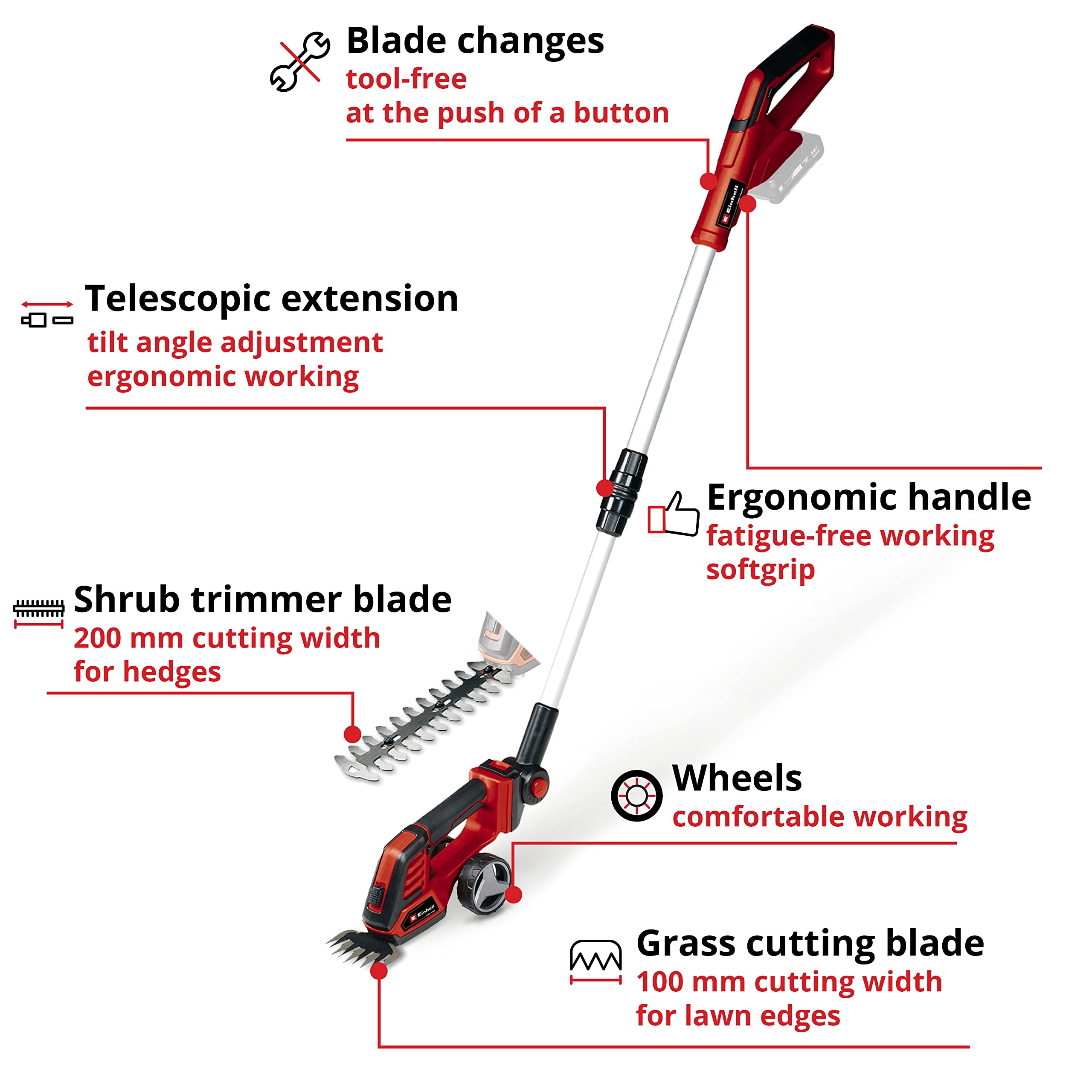Einhell 18V Cordless Grass & Shrub Shears with Telescopic Handle
