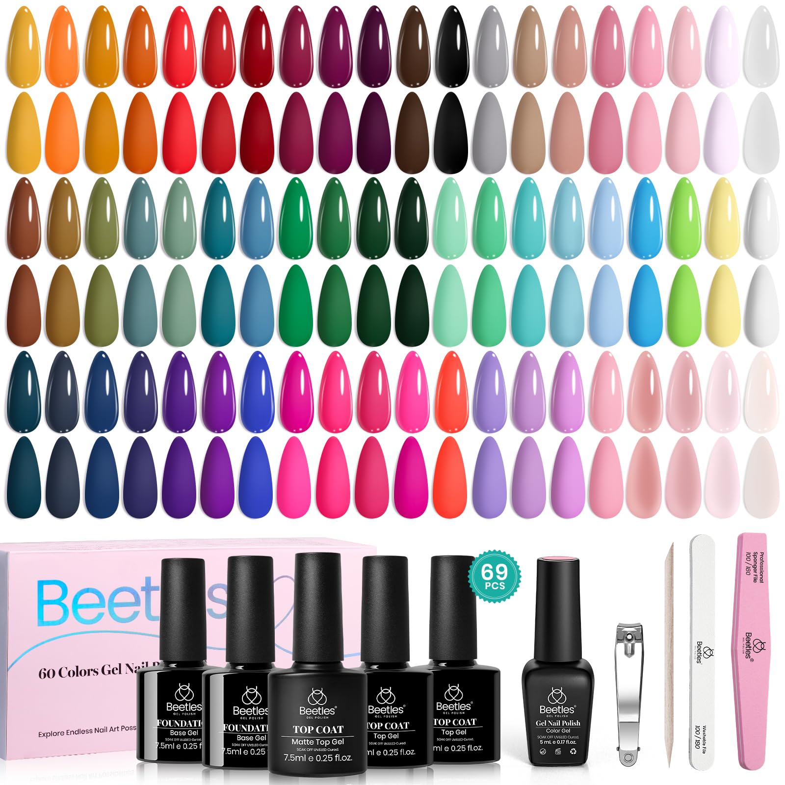 Beetles 70Pcs Gel Nail Polish Set - 60 Colors with Base & Top Coat Kit