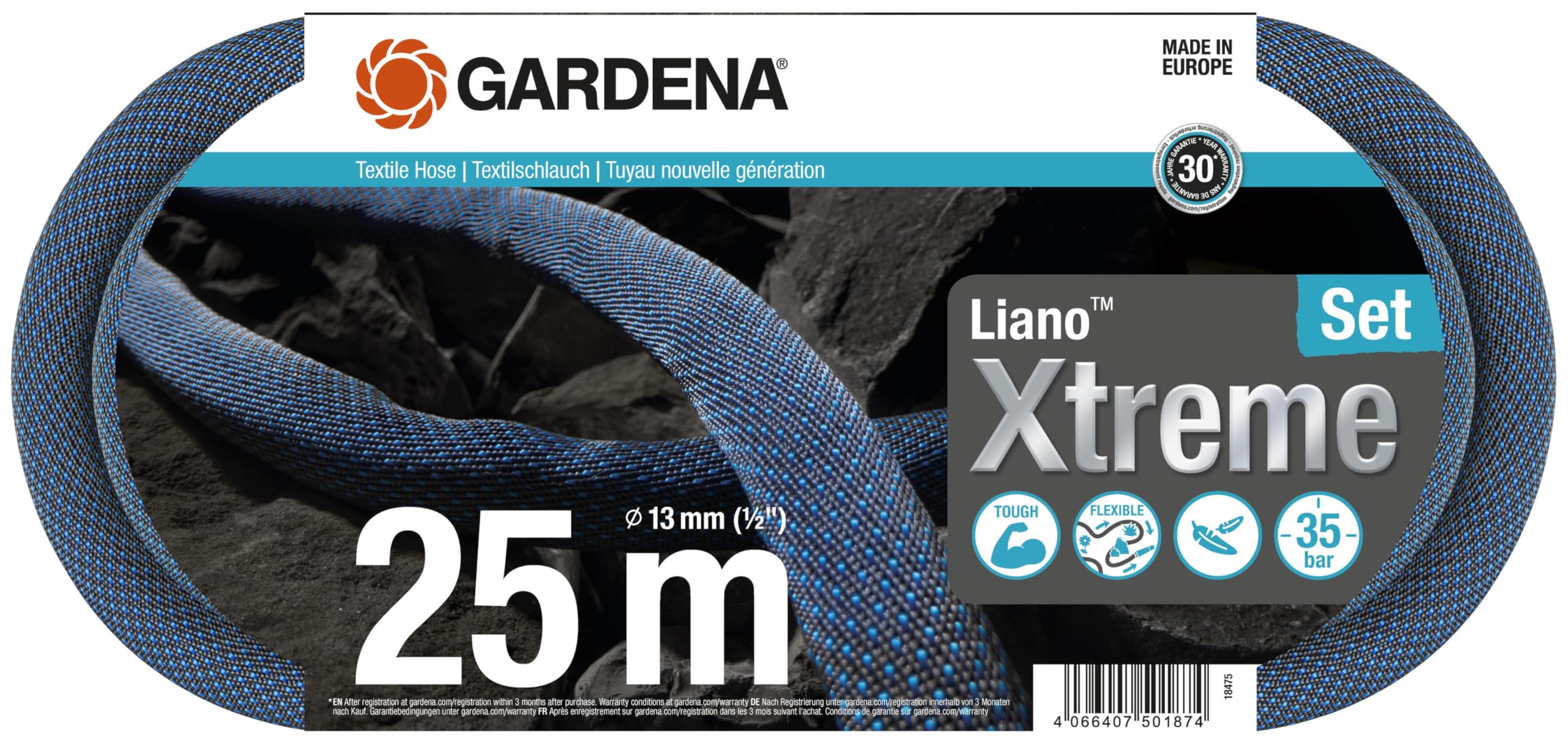 Gardena Liano Xtreme Textile Garden Hose Set | 25m, 1/2 Inch