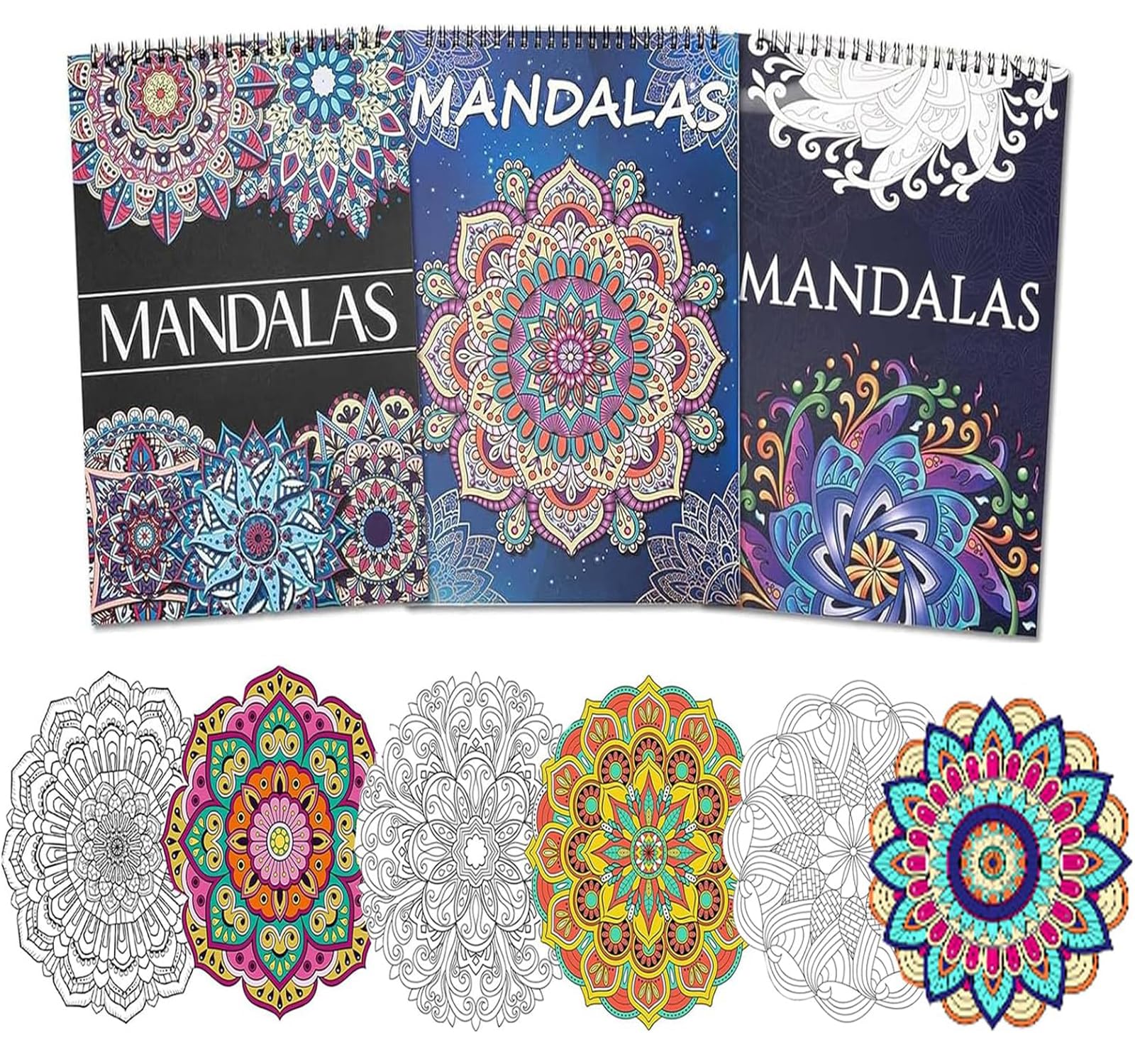 Pobuu 3-Pack Mandala Colouring Book Set for Adults | 60 Spiral Designs