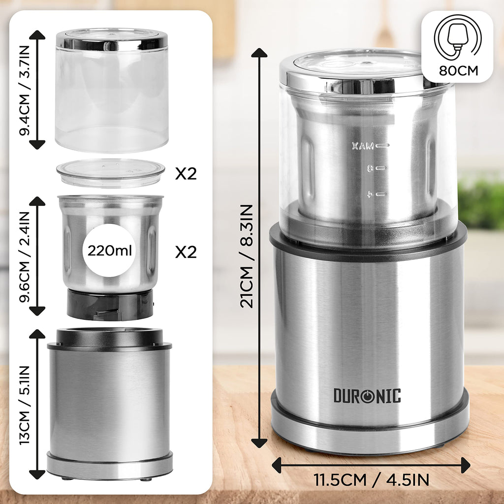 Duronic CG421 Electric Coffee & Spice Grinder | 2-in-1 Wet & Dry 200W Mill