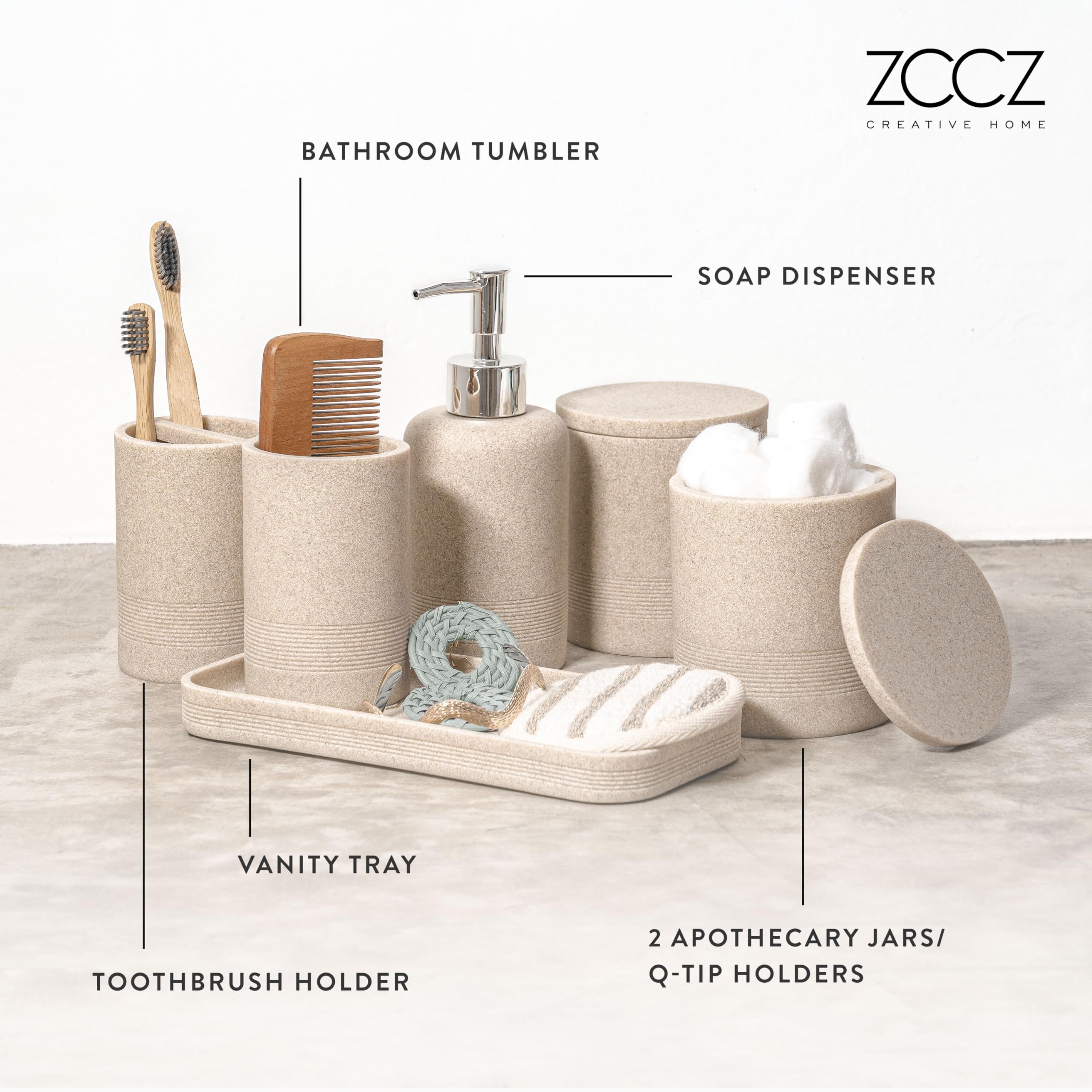 zccz 6-Piece Bathroom Accessory Set – Polyresin Stone Vanity Organizer