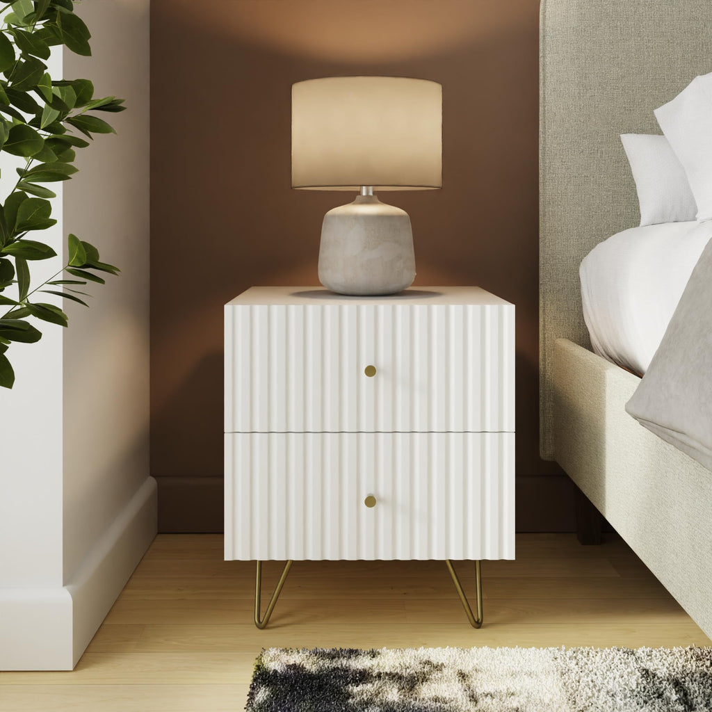 GFW Thalia 2 Drawer Bedside Table, Modern White Nightstand with Textured Finish & Hairpin Legs - image 1