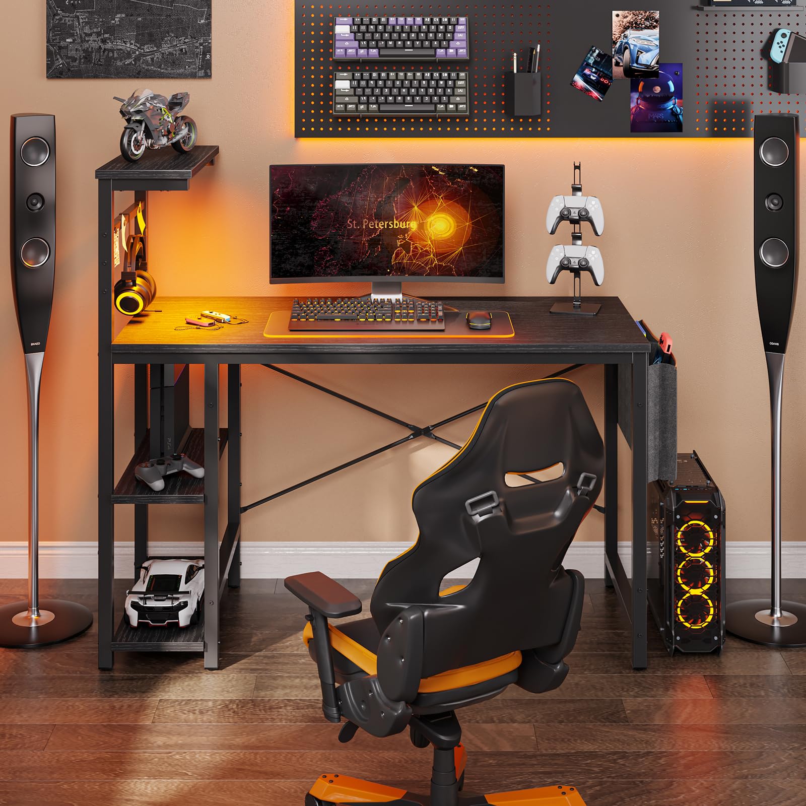 Bestier Small Corner Computer Desk with LED Lights & Storage - 113CM