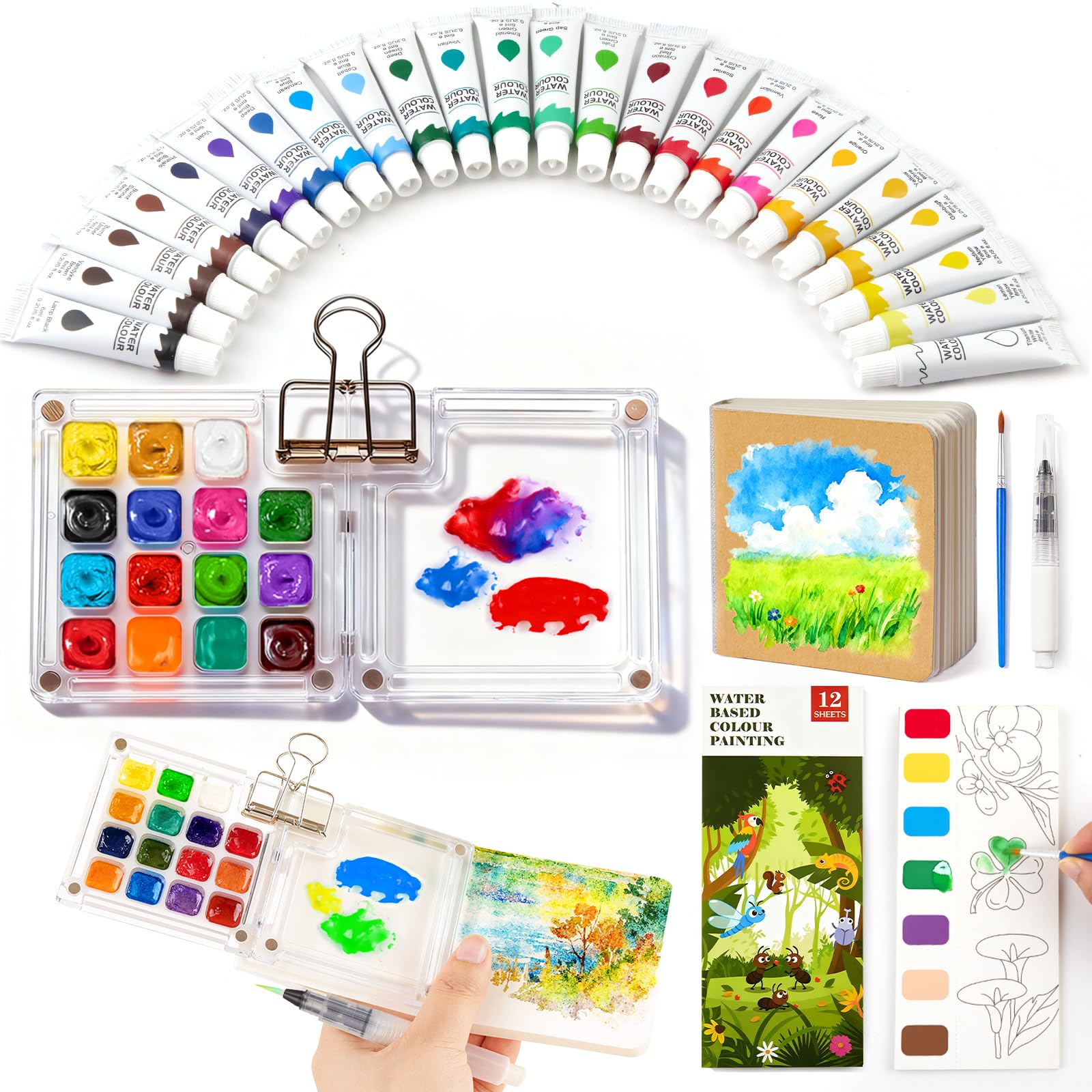 Mexlyca Mini Watercolor Paint Set – 24 Colors Travel Palette with Sketchbook