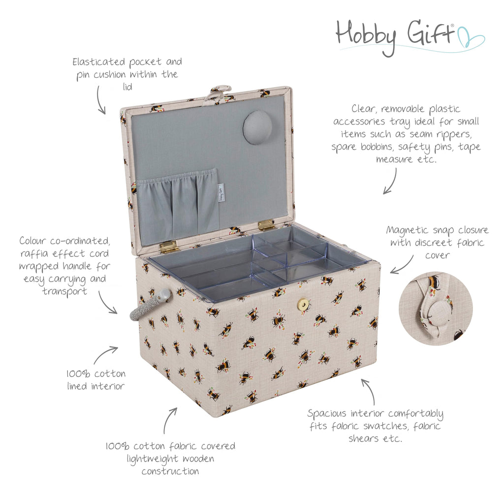 Hobby Gift Large Sewing Box – Bees Print Craft Storage with Tray