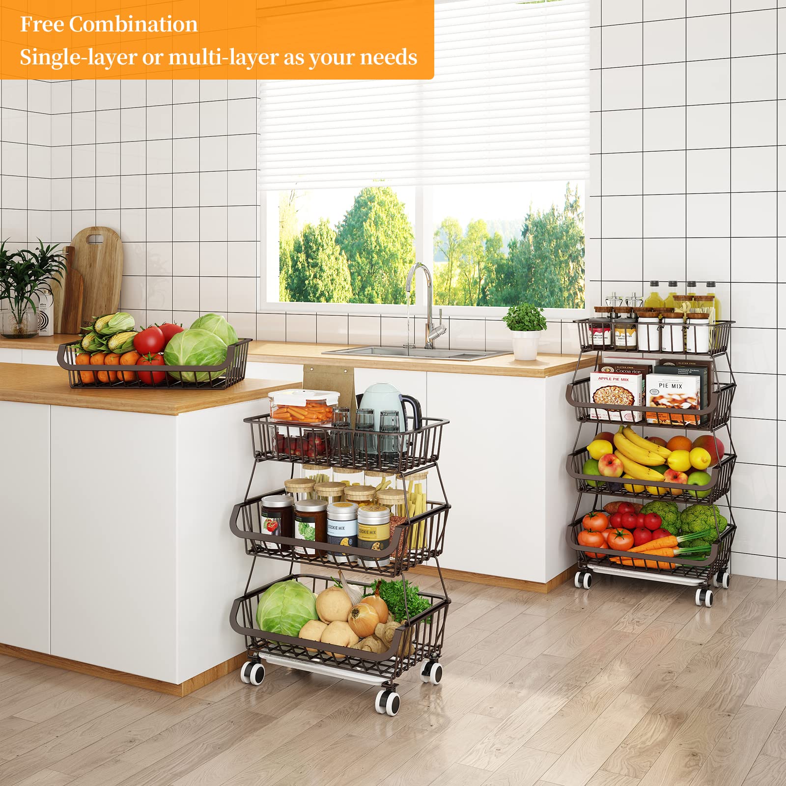 Jolof Store 4-Tier Stackable Metal Wire Fruit Basket Cart with Wheels
